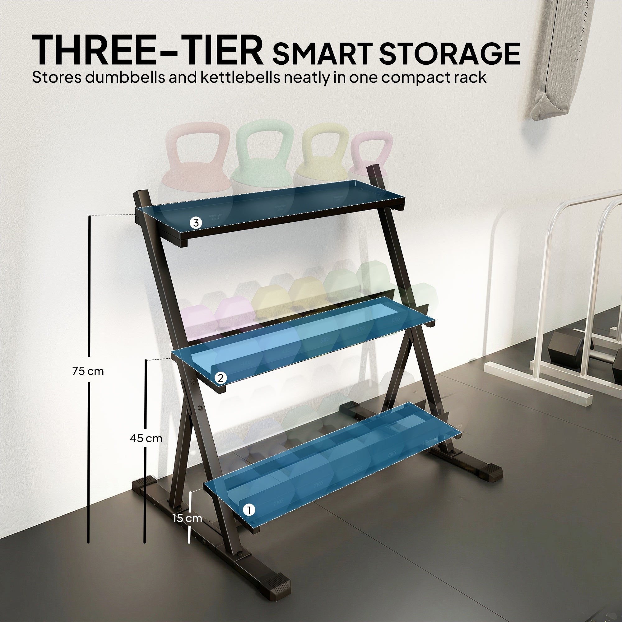 SPORTNOW Adjustable 3-Tier Dumbbell Rack — Heavy-Duty Steel, Up to 441 lb, Non-Slip, Adjustable Bars for Dumbbells & Kettlebells (Stand Only)