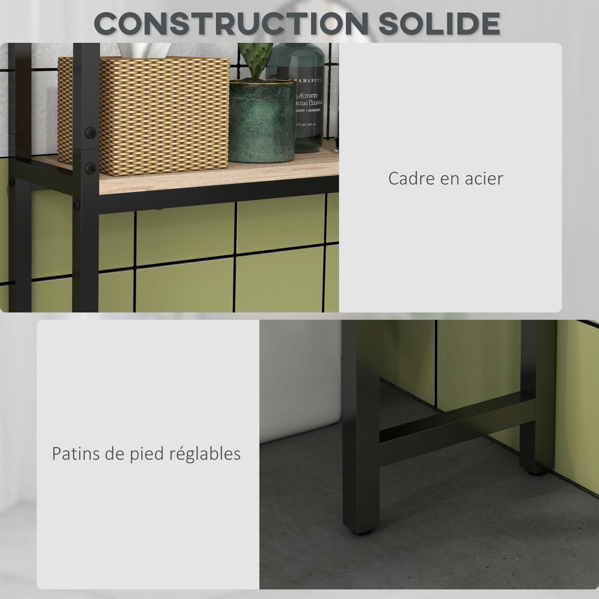 Toilet Shelf Bathroom Cabinet Over Toilet WC with 2 Doors Cupboard and Open Shelf 64L x 19W x 178H cm Oak and Black