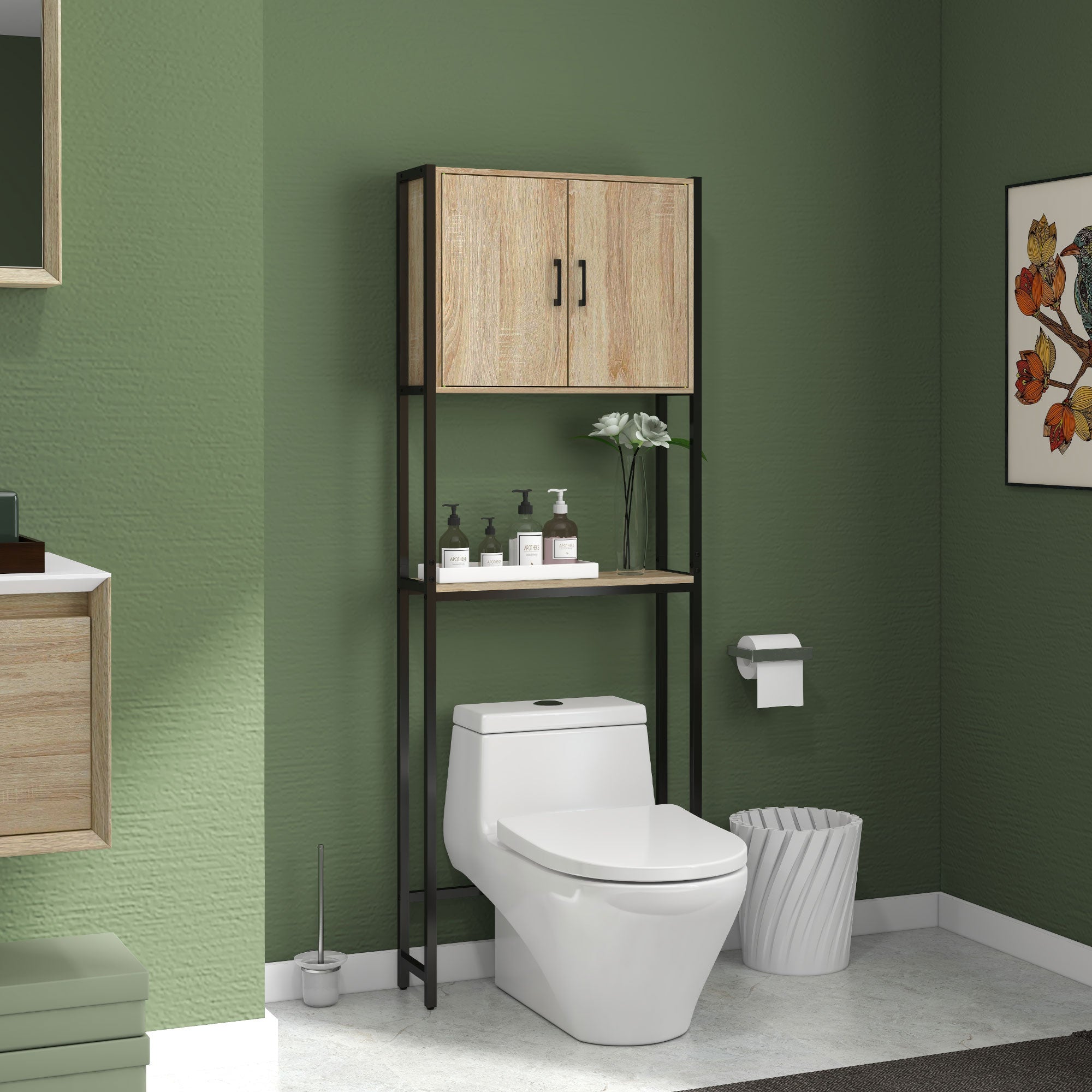 Toilet Shelf Bathroom Cabinet Over Toilet WC with 2 Doors Cupboard and Open Shelf 64L x 19W x 178H cm Oak and Black