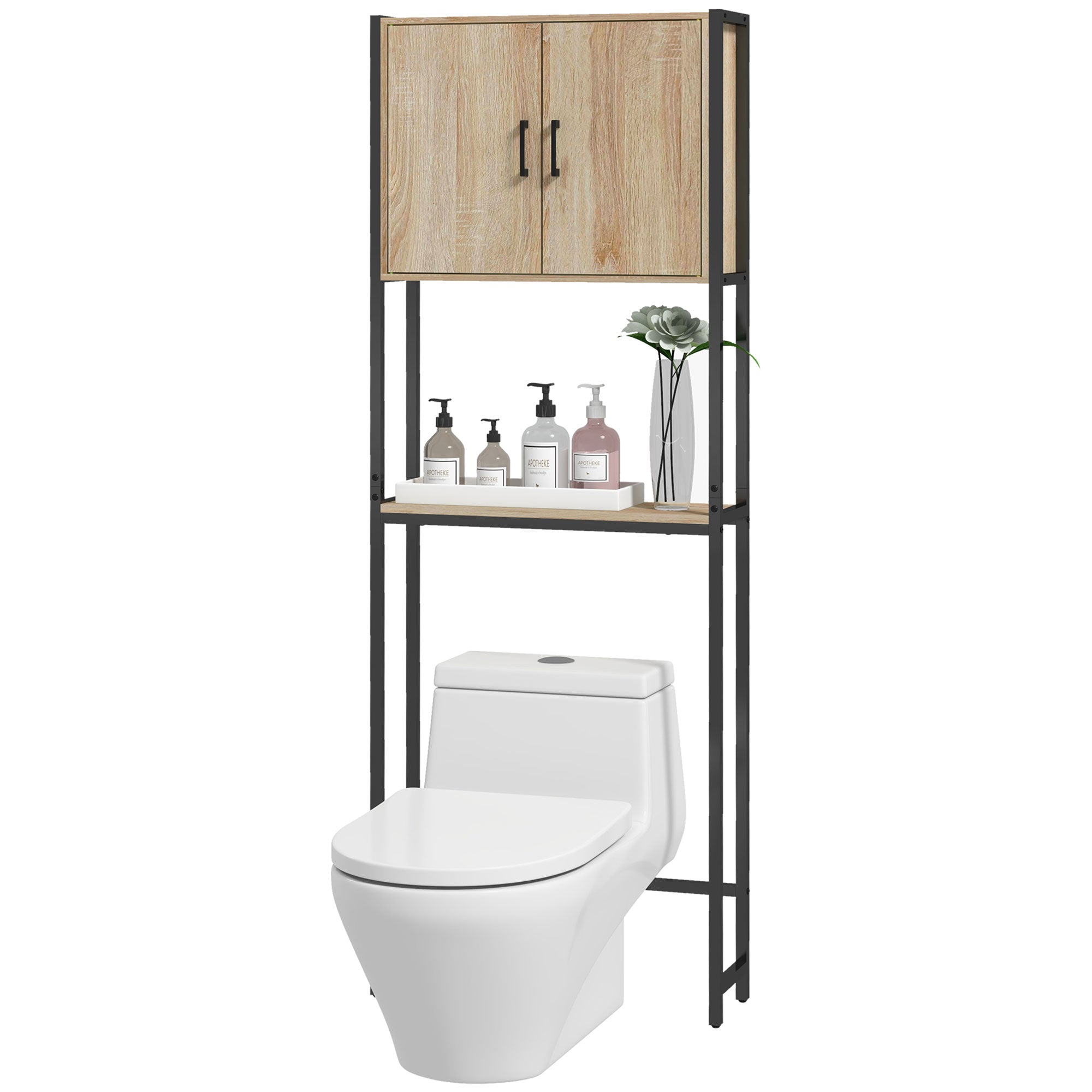 Toilet Shelf Bathroom Cabinet Over Toilet WC with 2 Doors Cupboard and Open Shelf 64L x 19W x 178H cm Oak and Black