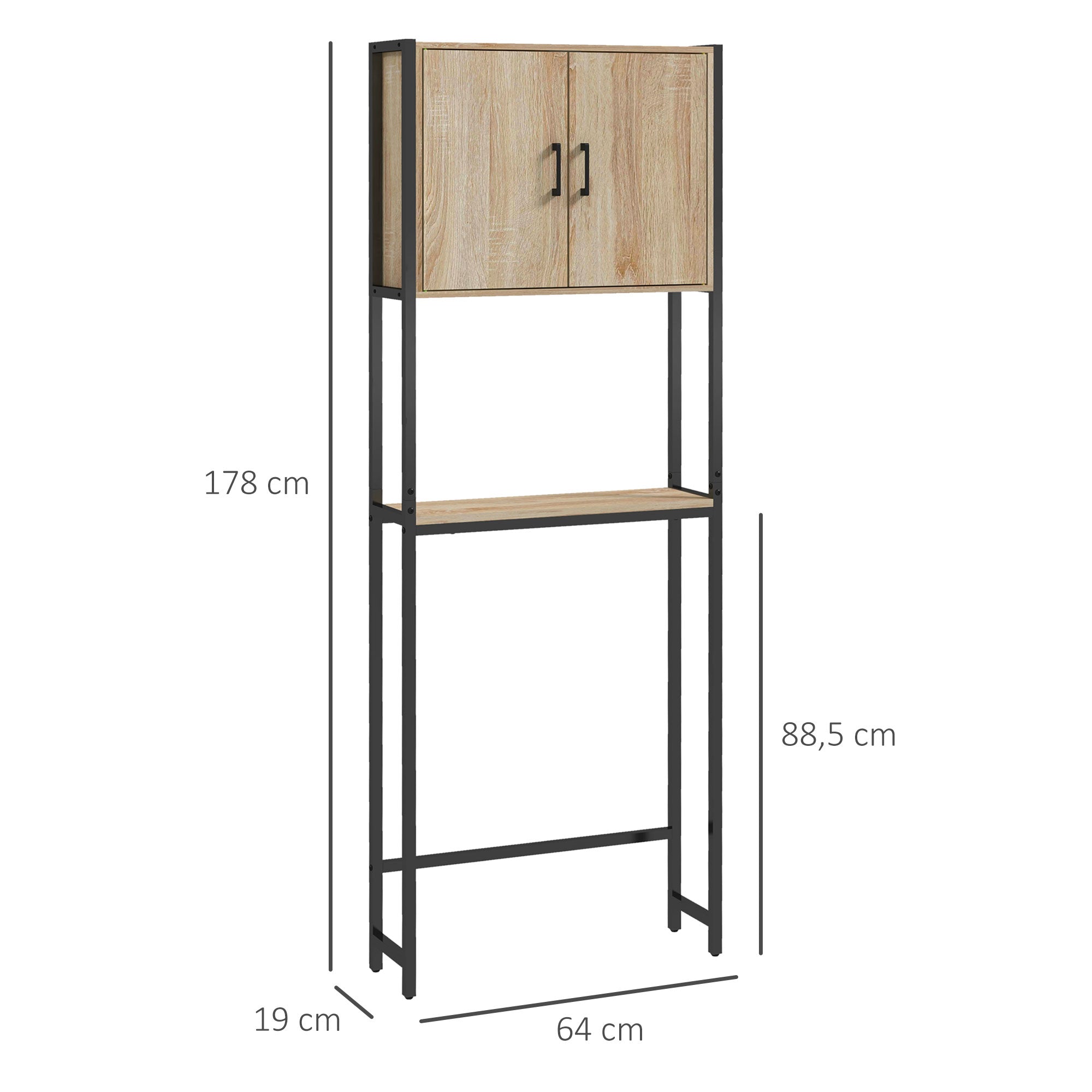Toilet Shelf Bathroom Cabinet Over Toilet WC with 2 Doors Cupboard and Open Shelf 64L x 19W x 178H cm Oak and Black