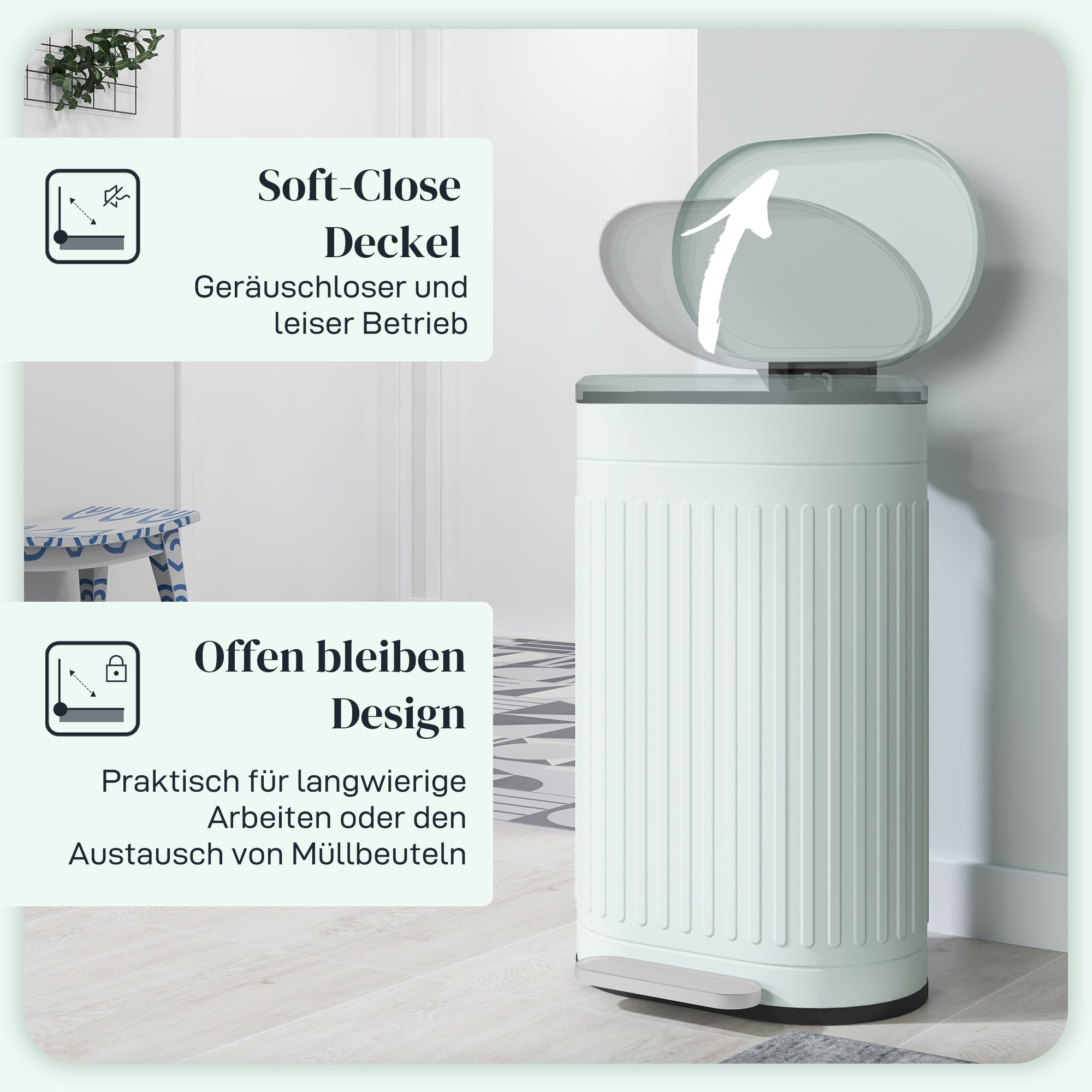 30L Pedal Bin with Removable Inner Bucket & Soft-Close Lid, Fingerprint-Resistant, Green (36.5 x 31.2 x 60.8 cm)