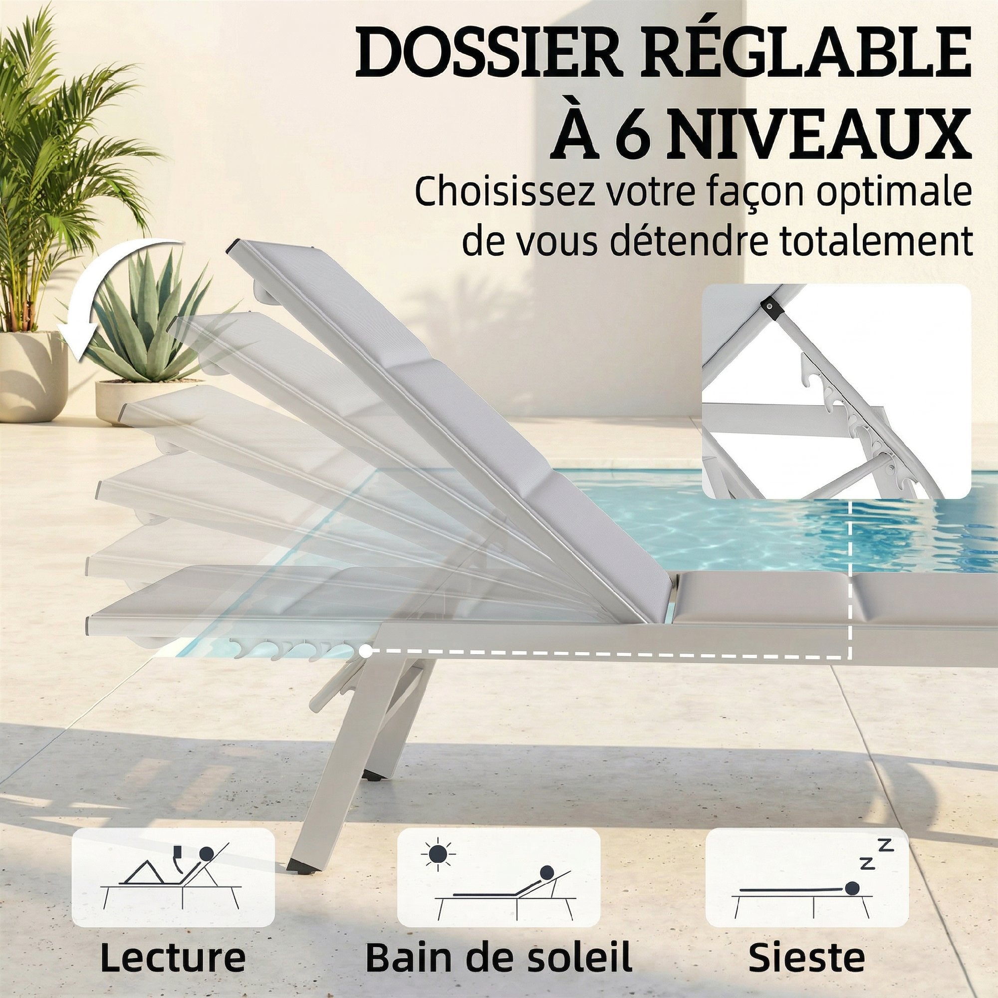 Lightweight Aluminum Sun Lounger — 6-Position Adjustable Back, 560 g/m² Textilene with Integrated Padding, Rust-Resistant Patio/Pool Chaise (25.2 x 71.3 x 35.4 in), Light Gray