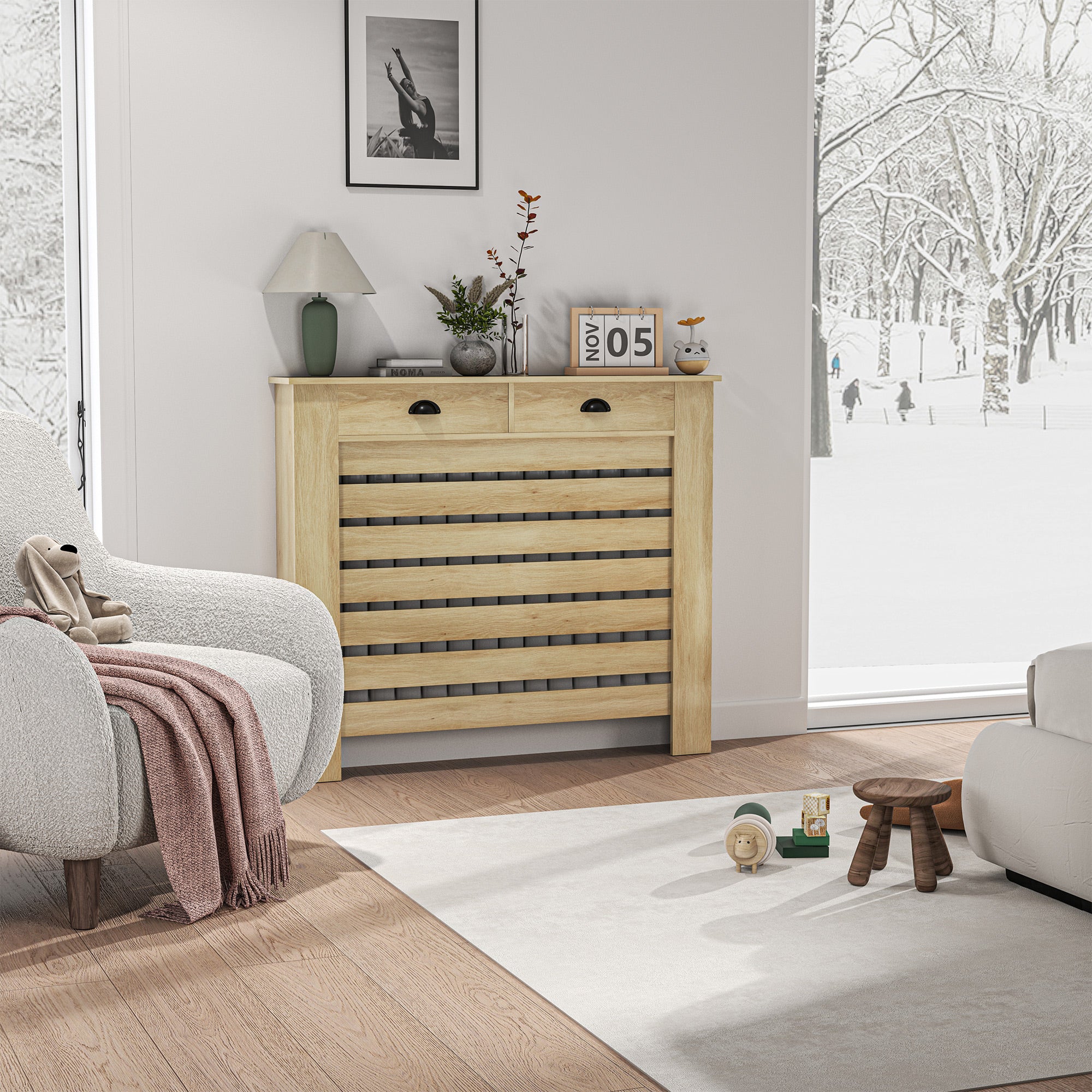 Radiator Cover with Drawer MDF Radiator Cover for Living Room Bedroom Hallway 111x19x95.5 cm Oak