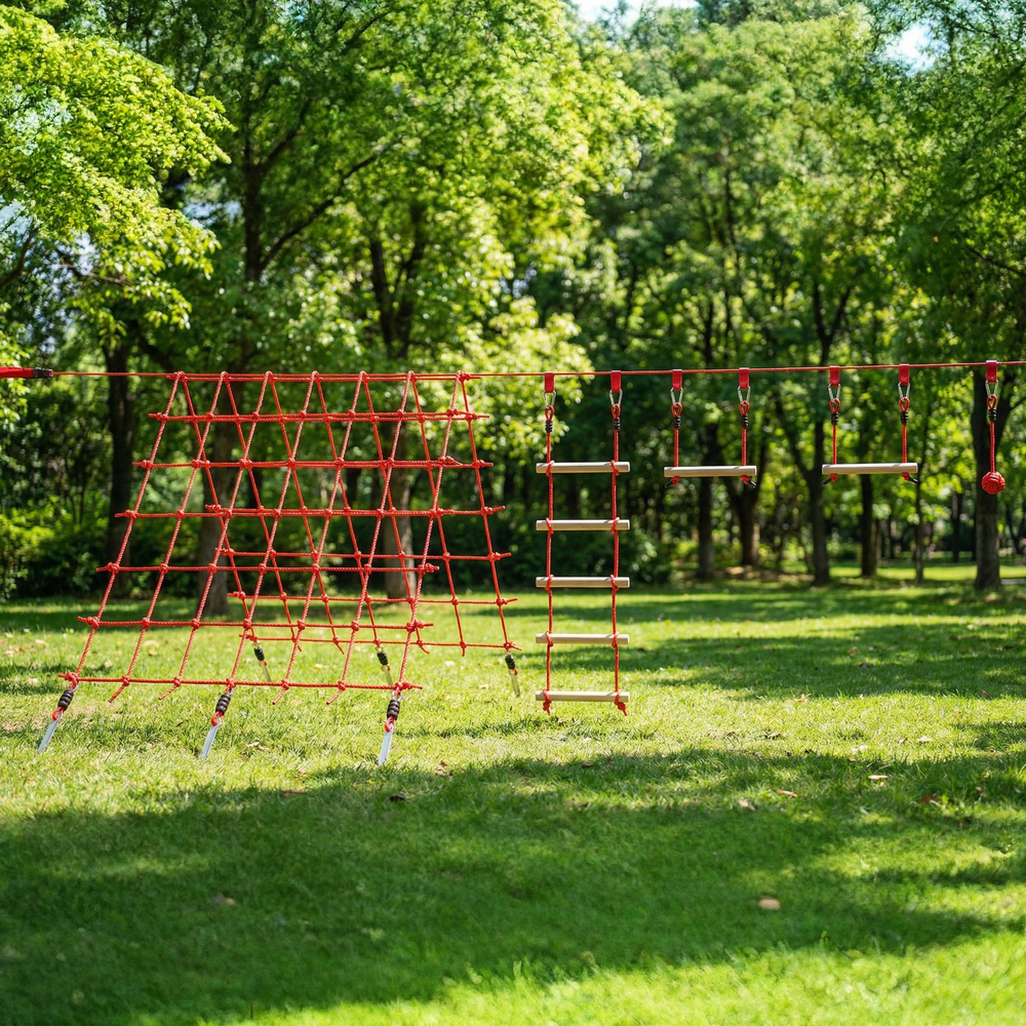Ninja Line Kids 33 ft (10 m) Slackline Play Set — Rings, Swing, Ladder & Climbing Net — Outdoor Playset for Ages 3–6, Red
