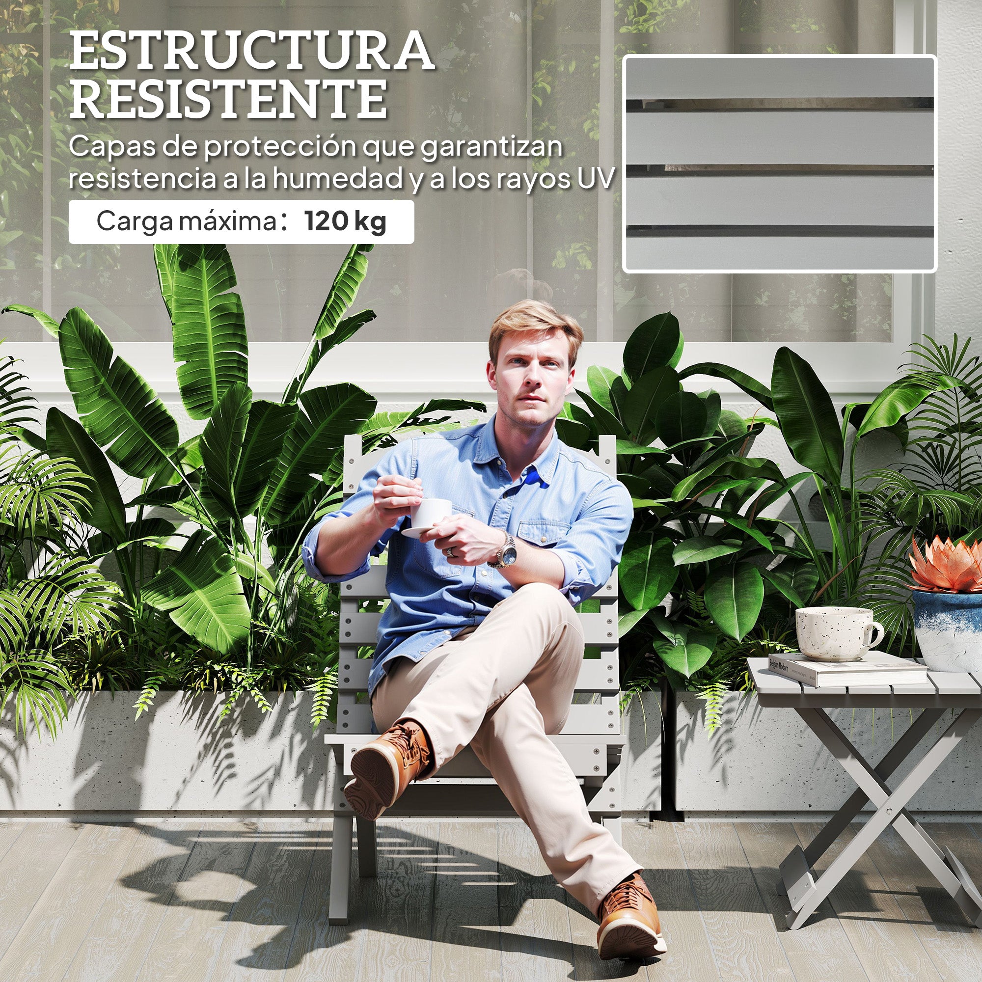 Wooden Garden Chair Outdoor Chair with Slatted Design and Inclined Backrest Load 120 kg for Balcony Patio Terrace 78x48x76 cm Gray