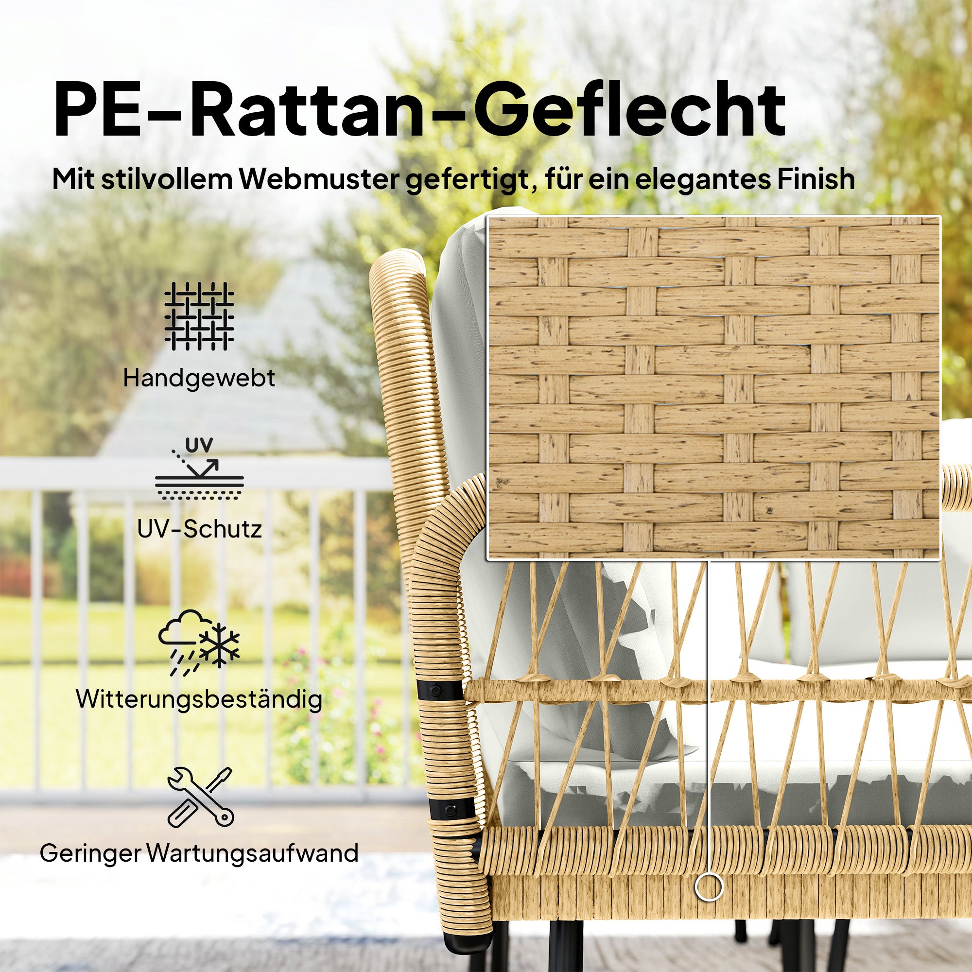4-Piece PE Rattan Outdoor Lounge Set with Corner Sofa, Two Two-Seaters & Glass Coffee Table, Removable Cushion Covers, Seats up to 5, Cream White