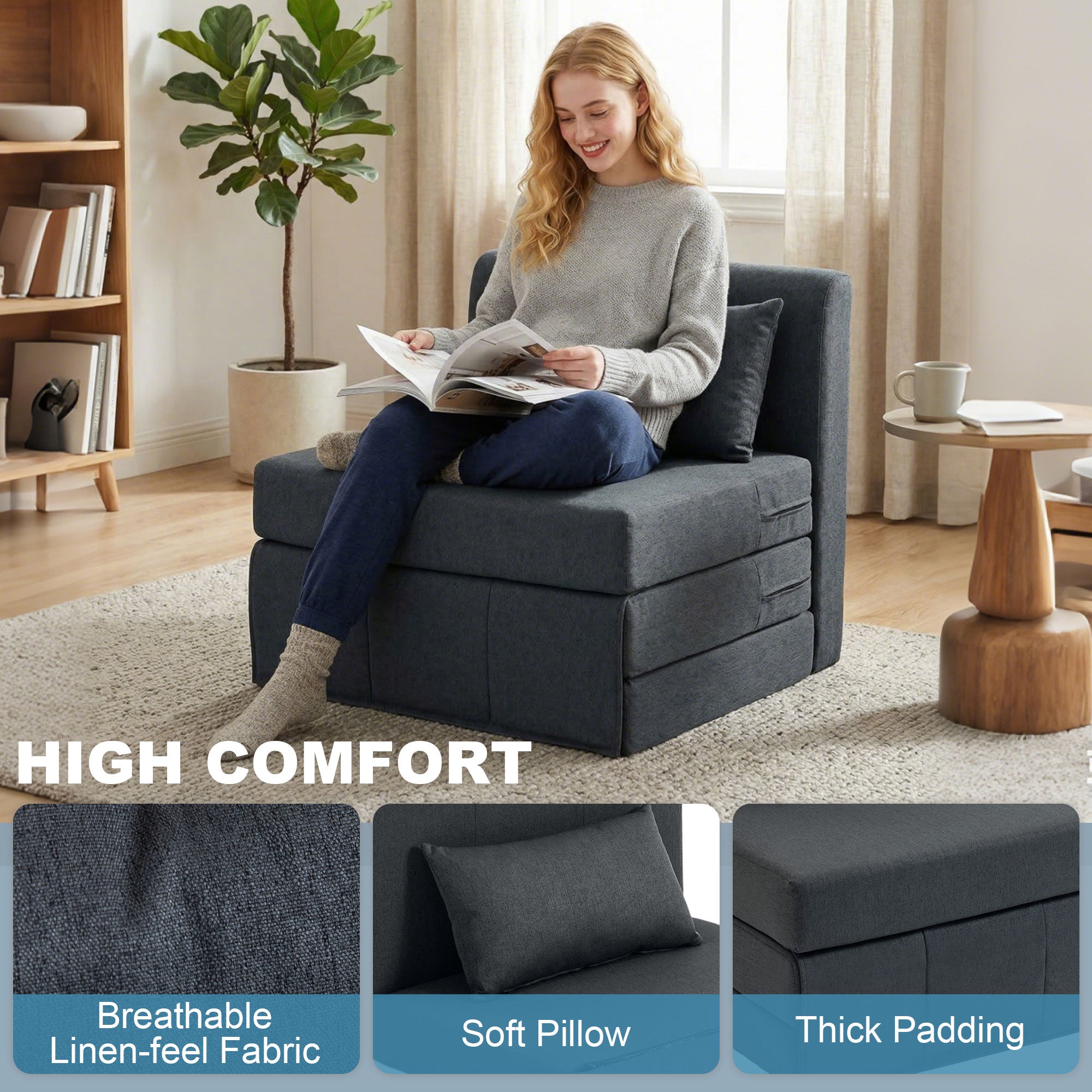 2-in-1 Folding Floor Sofa Bed — Linen-Look Padded Guest Chair Converts to Single Bed, Dark Gray (31.5 x 29.5 x 29.1 in)