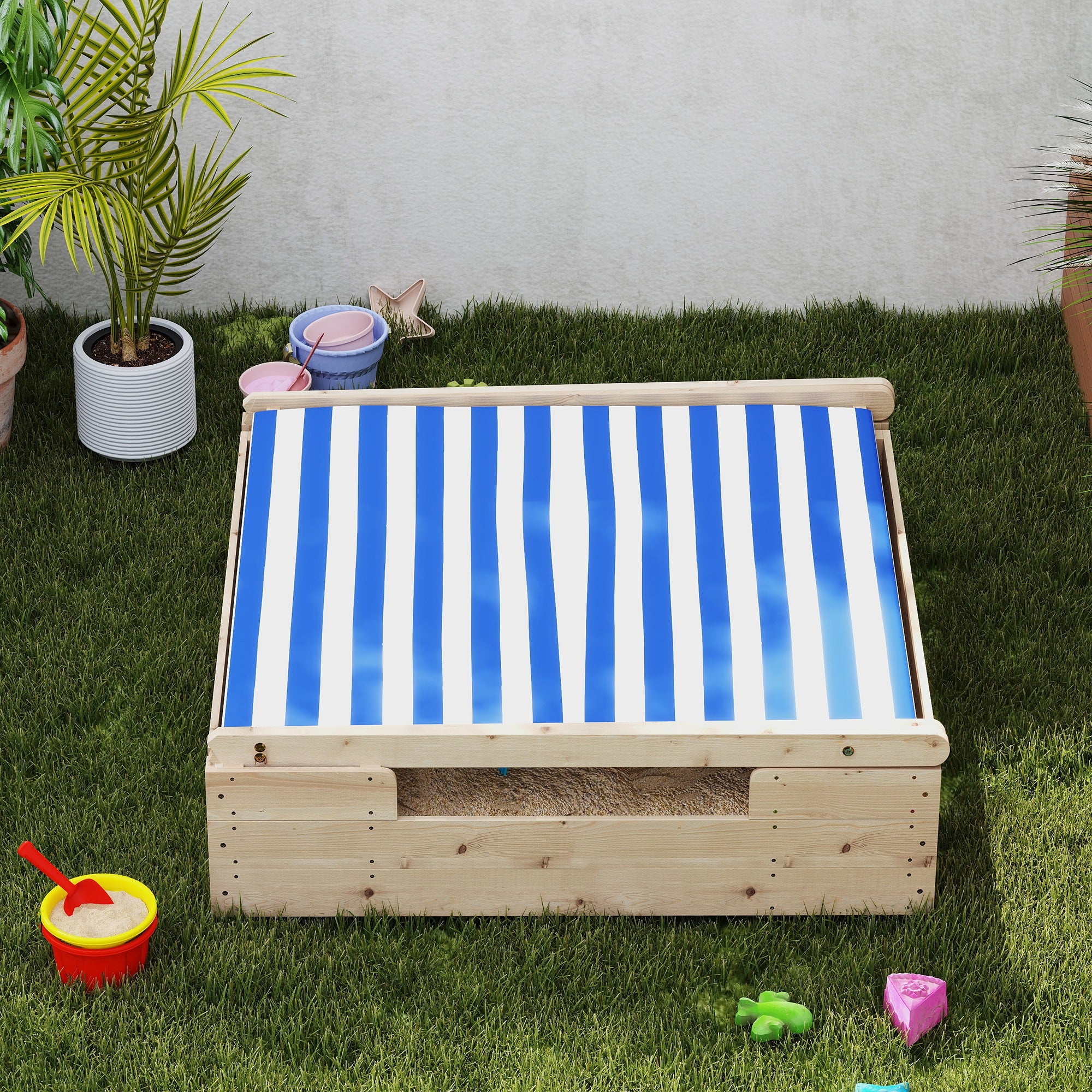 Sandbox with Cover 120 x 120 cm Made of Solid Wood Impregnated Children's Sandbox with Tent Roof Ground Fleece, Sandbox for Outdoor Terrace Balcony Garden
