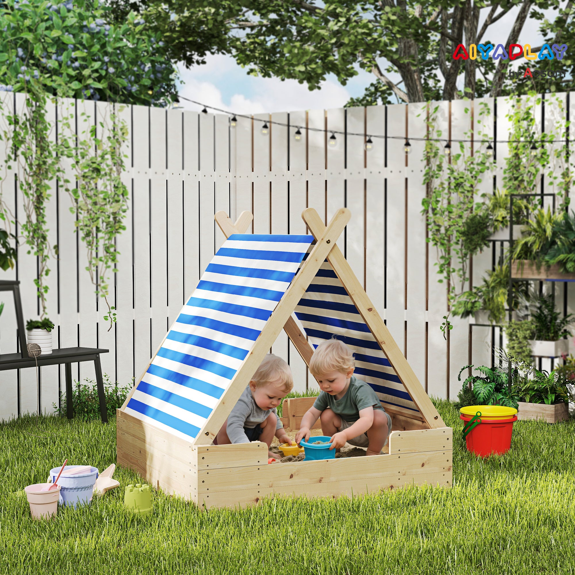 Sandbox with Cover 120 x 120 cm Made of Solid Wood Impregnated Children's Sandbox with Tent Roof Ground Fleece, Sandbox for Outdoor Terrace Balcony Garden