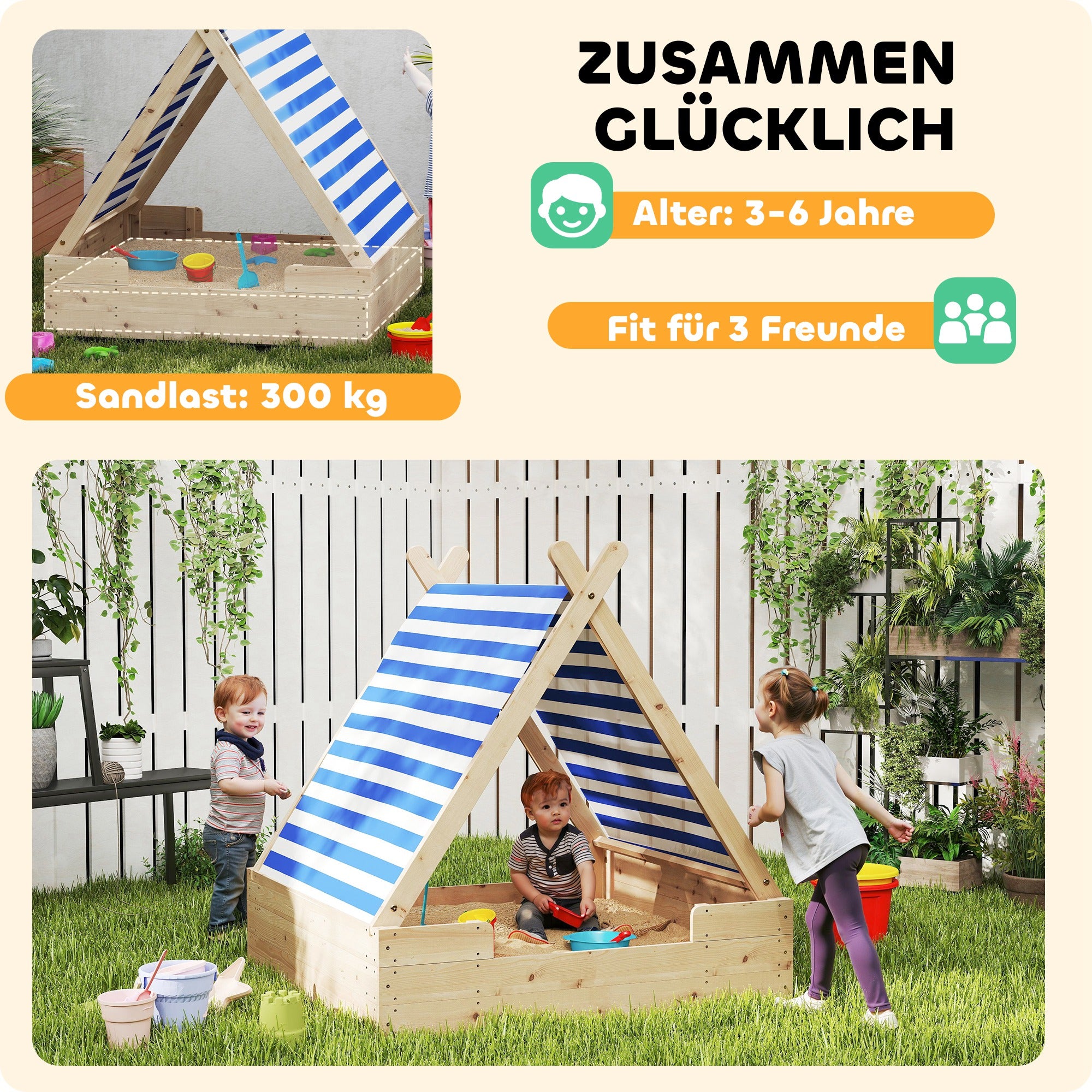 Sandbox with Cover 120 x 120 cm Made of Solid Wood Impregnated Children's Sandbox with Tent Roof Ground Fleece, Sandbox for Outdoor Terrace Balcony Garden