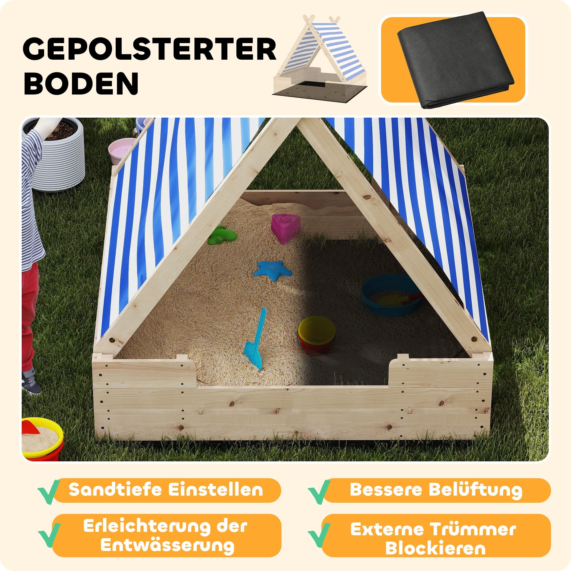 Sandbox with Cover 120 x 120 cm Made of Solid Wood Impregnated Children's Sandbox with Tent Roof Ground Fleece, Sandbox for Outdoor Terrace Balcony Garden