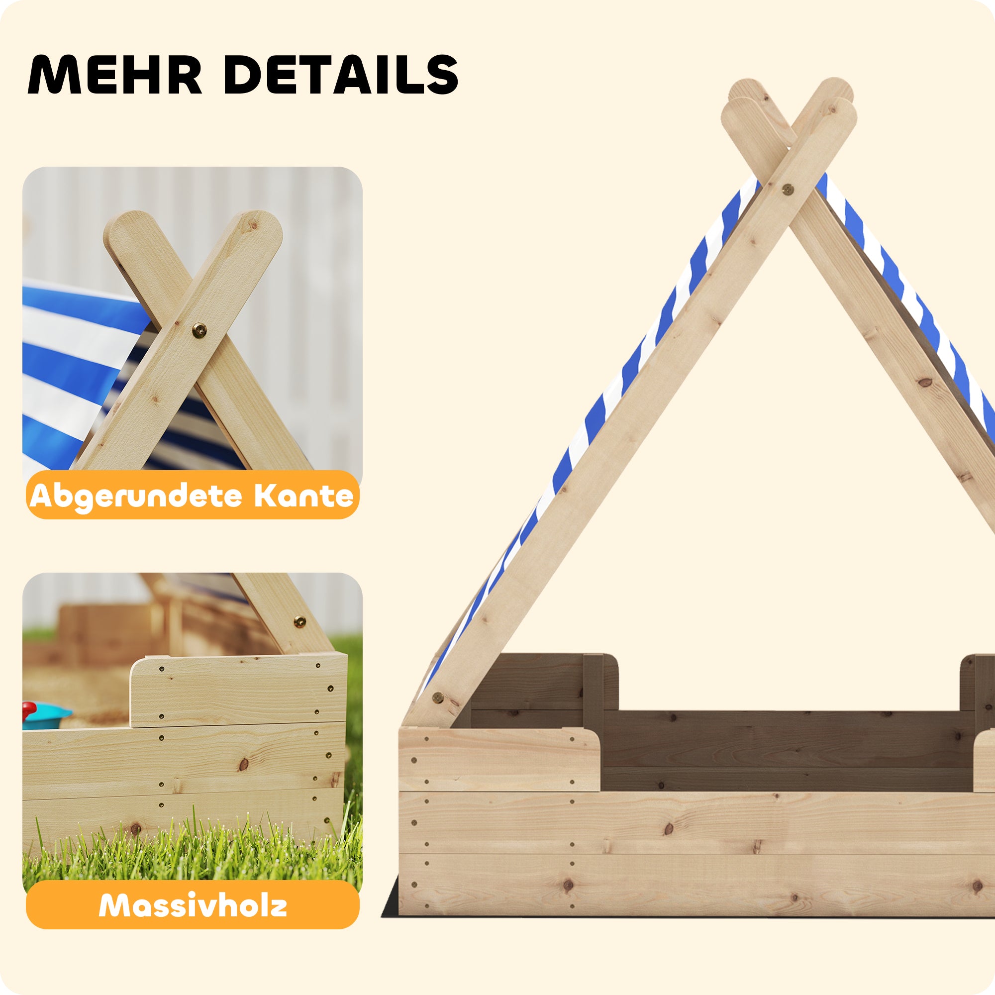 Sandbox with Cover 120 x 120 cm Made of Solid Wood Impregnated Children's Sandbox with Tent Roof Ground Fleece, Sandbox for Outdoor Terrace Balcony Garden