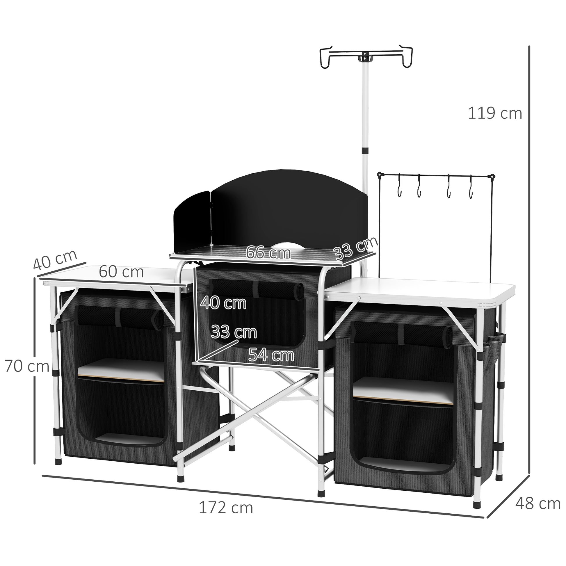 Folding Camping Kitchen, 3-Tier Camping Cabinet with 5 Internal Shelves, 4 Hooks and Carry Bag, made of Aluminum, MDF, and Oxford Fabric, UV50+, 172x48x119 cm, Black