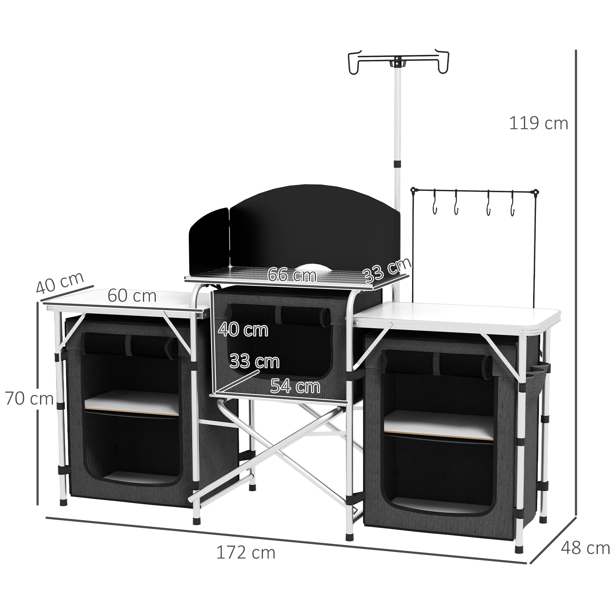 Folding Camping Kitchen, 3-Tier Camping Cabinet with 5 Internal Shelves, 4 Hooks and Carry Bag, made of Aluminum, MDF, and Oxford Fabric, UV50+, 172x48x119 cm, Black
