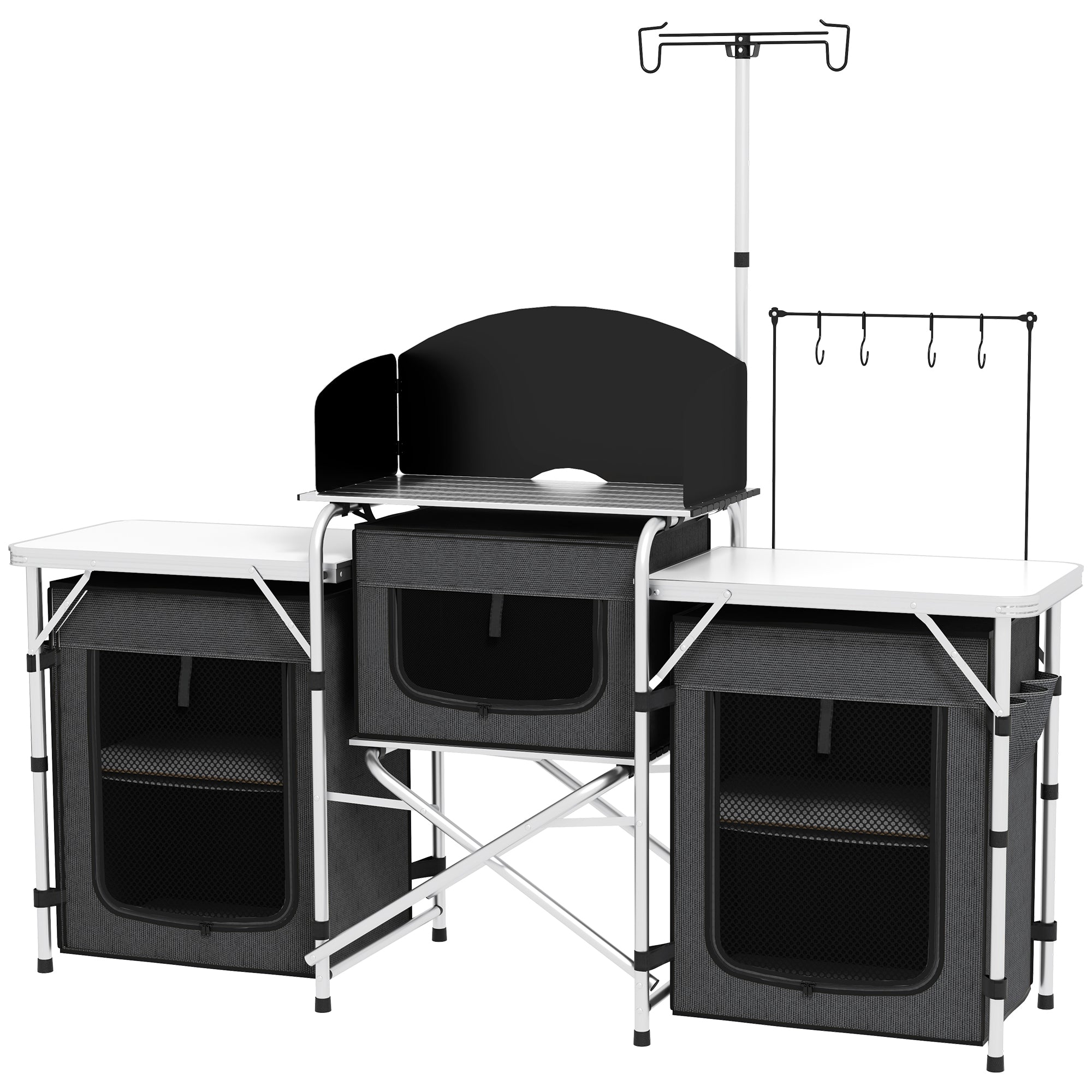 Folding Camping Kitchen, 3-Tier Camping Cabinet with 5 Internal Shelves, 4 Hooks and Carry Bag, made of Aluminum, MDF, and Oxford Fabric, UV50+, 172x48x119 cm, Black
