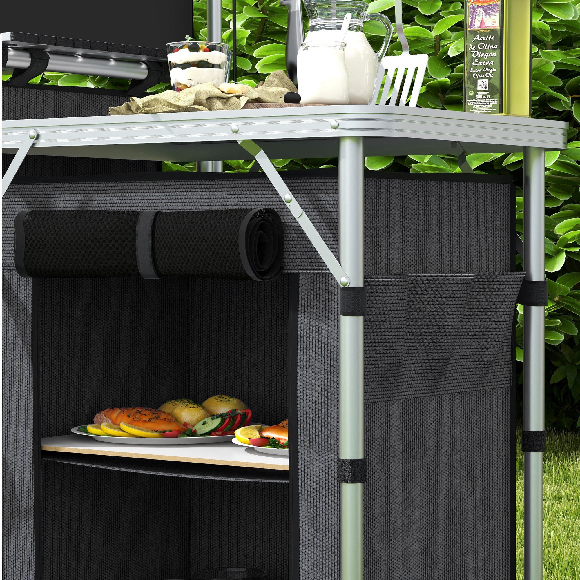 Folding Camping Kitchen, 3-Tier Camping Cabinet with 5 Internal Shelves, 4 Hooks and Carry Bag, made of Aluminum, MDF, and Oxford Fabric, UV50+, 172x48x119 cm, Black