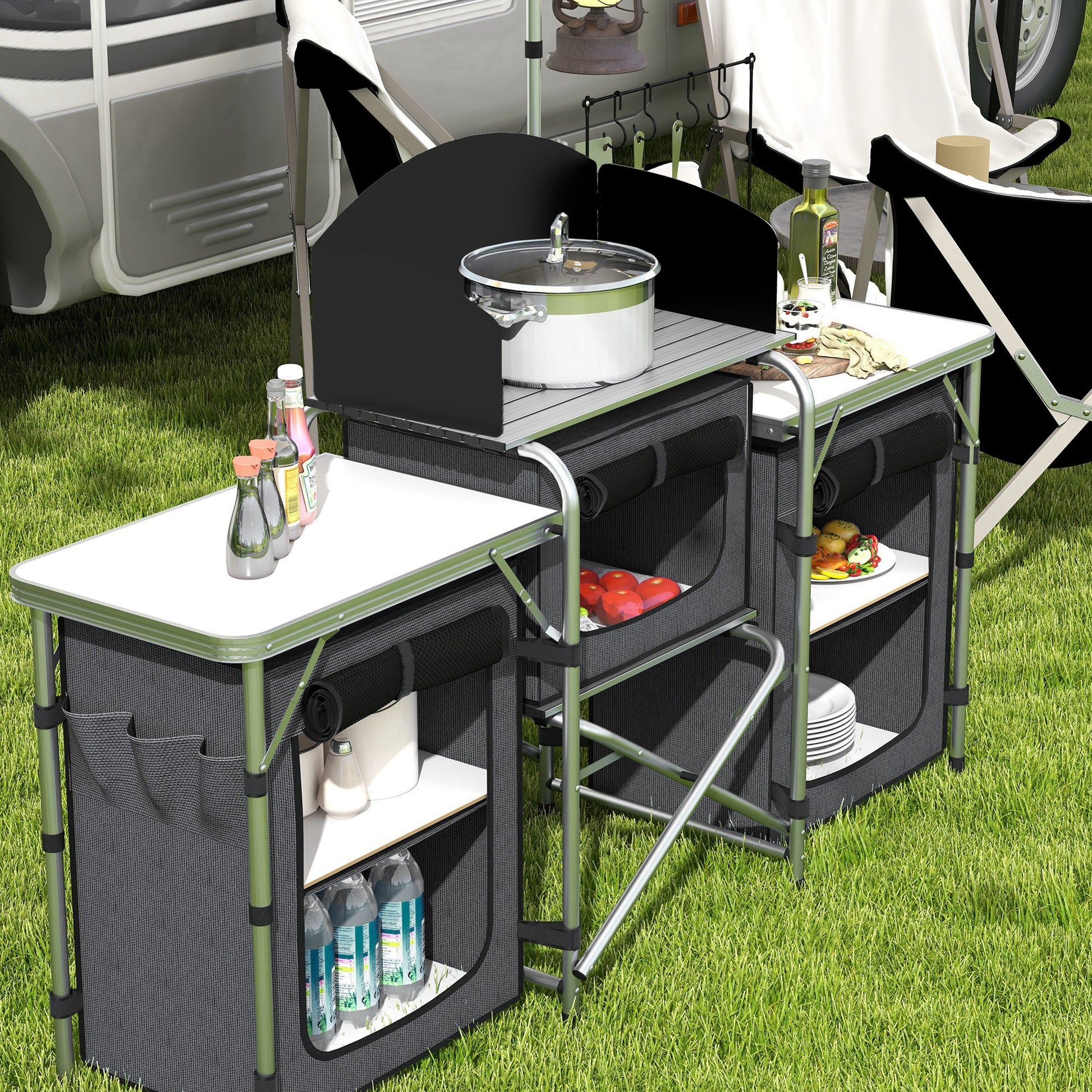 Folding Camping Kitchen, 3-Tier Camping Cabinet with 5 Internal Shelves, 4 Hooks and Carry Bag, made of Aluminum, MDF, and Oxford Fabric, UV50+, 172x48x119 cm, Black