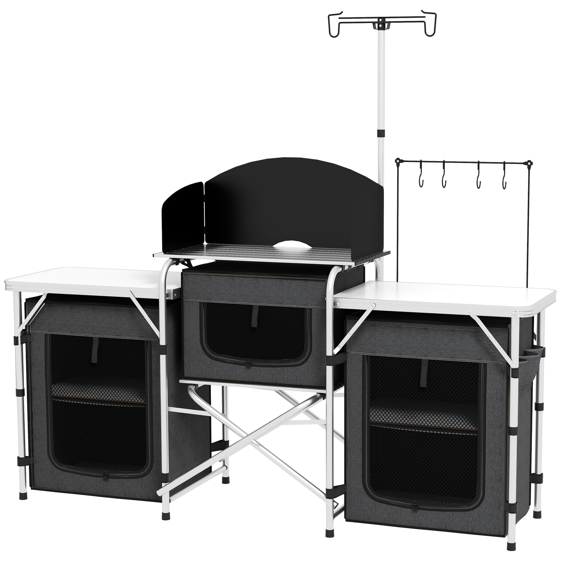 Folding Camping Kitchen, 3-Tier Camping Cabinet with 5 Internal Shelves, 4 Hooks and Carry Bag, made of Aluminum, MDF, and Oxford Fabric, UV50+, 172x48x119 cm, Black