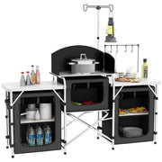 Folding Camping Kitchen, 3-Tier Camping Cabinet with 5 Internal Shelves, 4 Hooks and Carry Bag, made of Aluminum, MDF, and Oxford Fabric, UV50+, 172x48x119 cm, Black