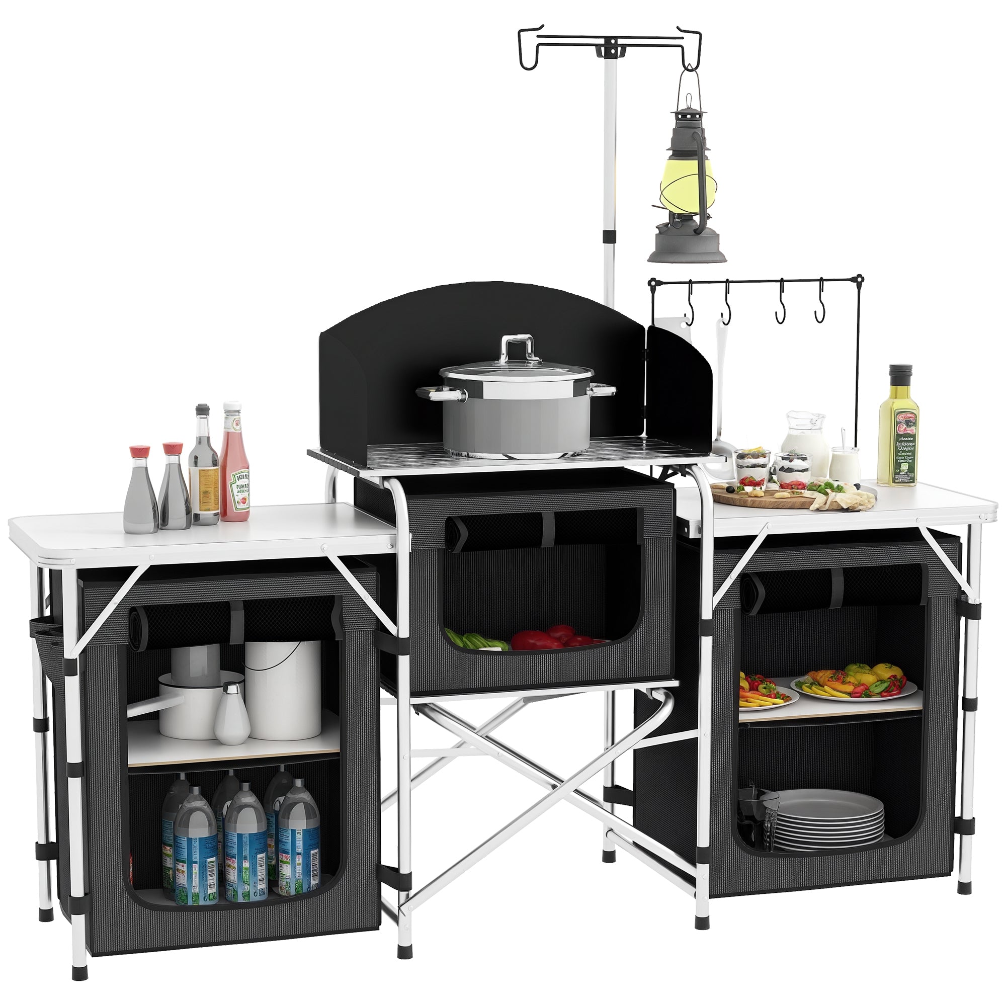 Folding Camping Kitchen, 3-Tier Camping Cabinet with 5 Internal Shelves, 4 Hooks and Carry Bag, made of Aluminum, MDF, and Oxford Fabric, UV50+, 172x48x119 cm, Black