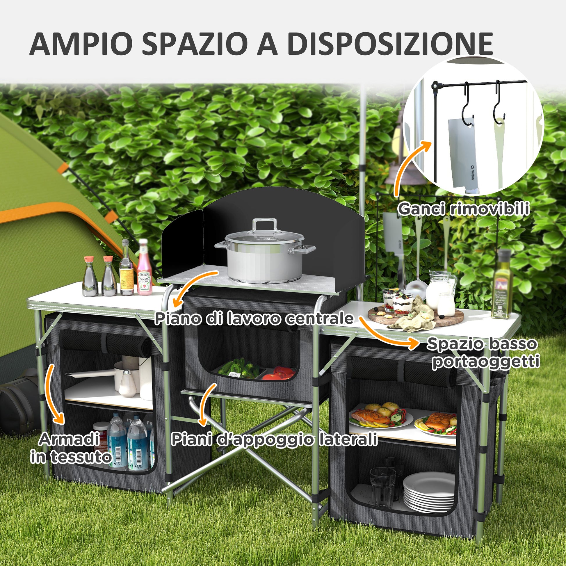 Folding Camping Kitchen, 3-Tier Camping Cabinet with 5 Internal Shelves, 4 Hooks and Carry Bag, made of Aluminum, MDF, and Oxford Fabric, UV50+, 172x48x119 cm, Black