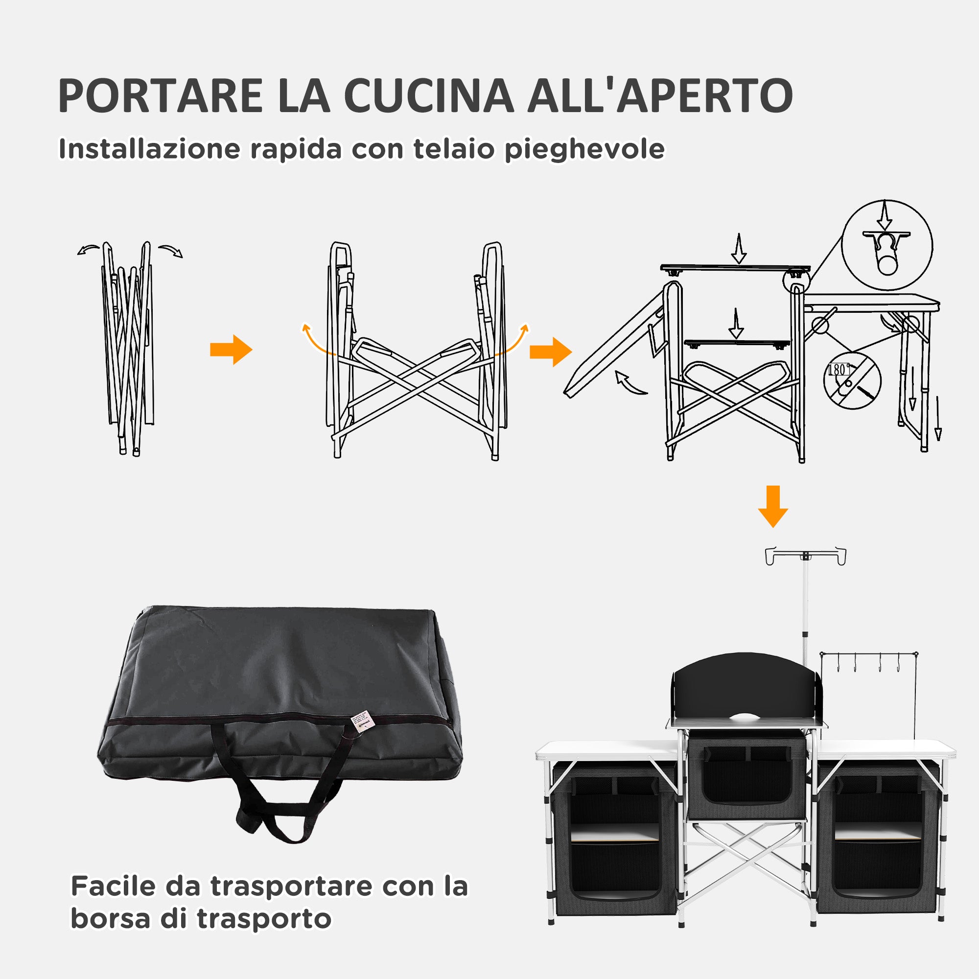 Folding Camping Kitchen, 3-Tier Camping Cabinet with 5 Internal Shelves, 4 Hooks and Carry Bag, made of Aluminum, MDF, and Oxford Fabric, UV50+, 172x48x119 cm, Black