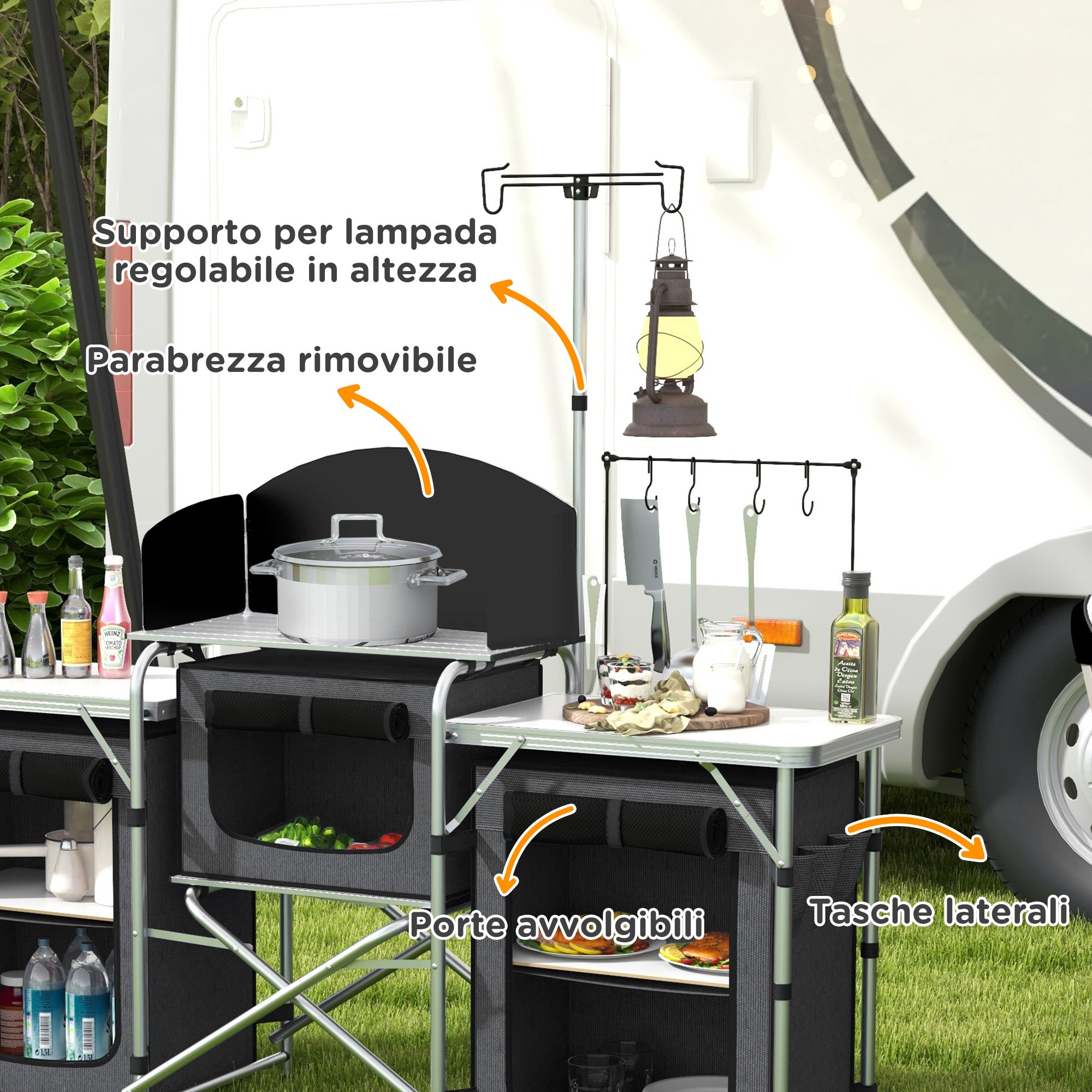 Folding Camping Kitchen, 3-Tier Camping Cabinet with 5 Internal Shelves, 4 Hooks and Carry Bag, made of Aluminum, MDF, and Oxford Fabric, UV50+, 172x48x119 cm, Black