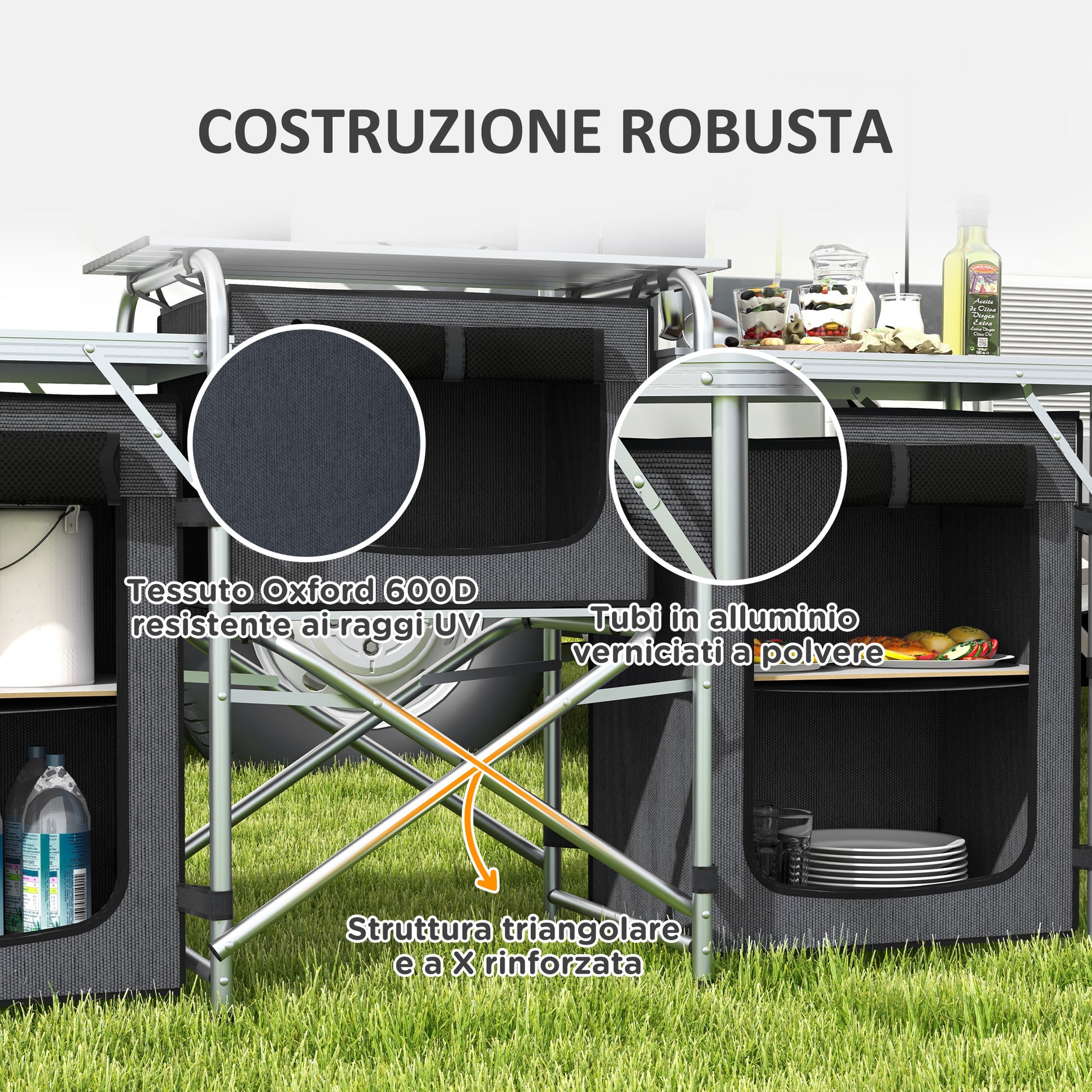 Folding Camping Kitchen, 3-Tier Camping Cabinet with 5 Internal Shelves, 4 Hooks and Carry Bag, made of Aluminum, MDF, and Oxford Fabric, UV50+, 172x48x119 cm, Black