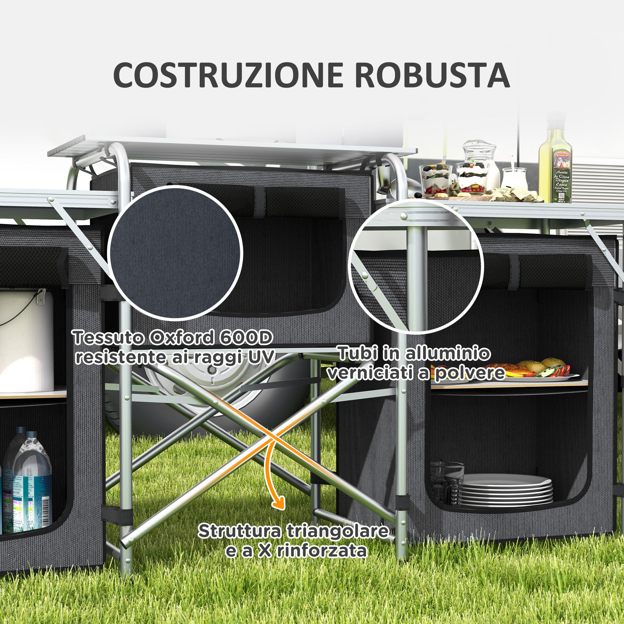 Folding Camping Kitchen, 3-Tier Camping Cabinet with 5 Internal Shelves, 4 Hooks and Carry Bag, made of Aluminum, MDF, and Oxford Fabric, UV50+, 172x48x119 cm, Black