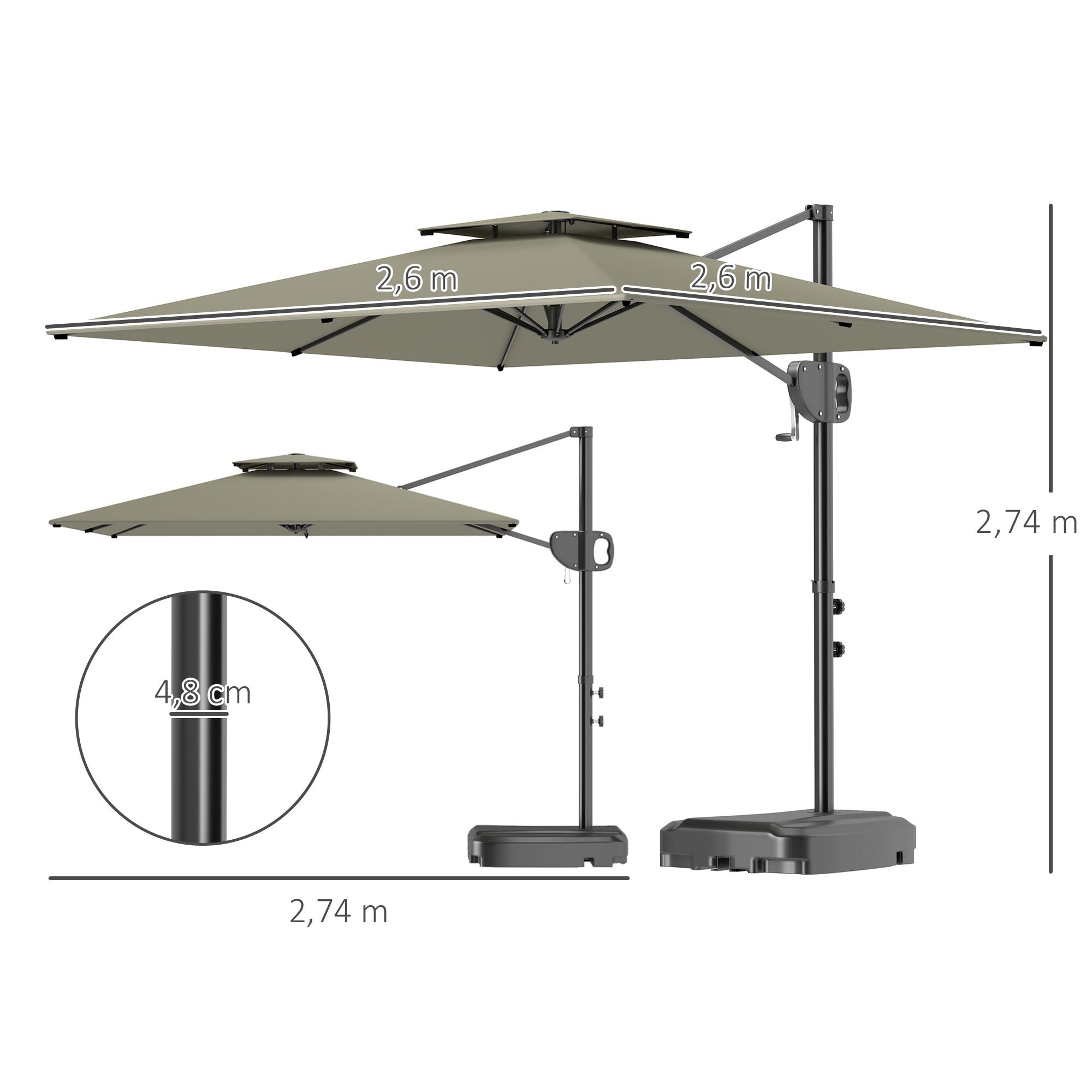 Cantilever Side Umbrella 247 x 247 x 268 cm (97.2 x 97.2 x 105.5 in) — Tilt, Crank, Double Vent, Water-Fillable Base, Water-Resistant, UV Protection, Light Gray