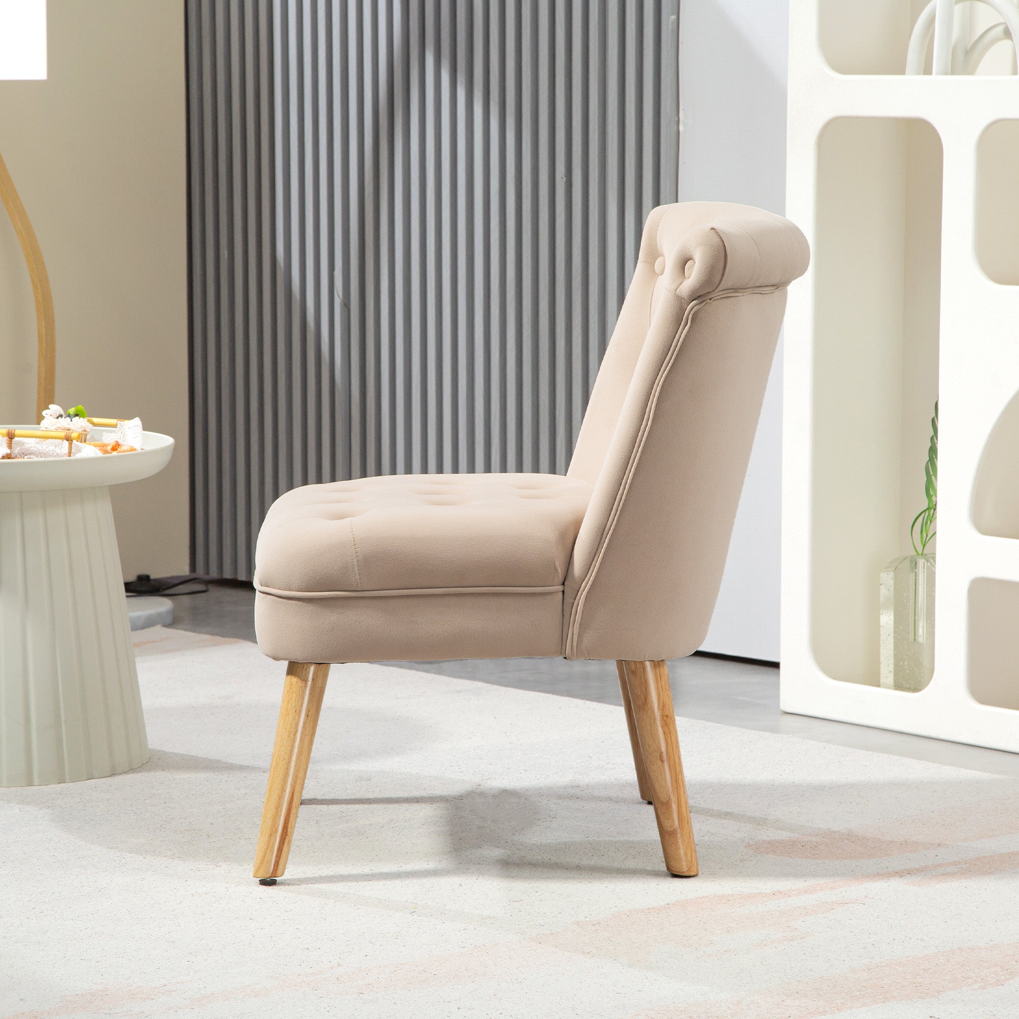 Living Room and Dining Room Armchair with Upholstered Seat, Bedroom Armchair with Wooden Legs and Velvet Effect Fabric, 60x66x79 cm, Beige