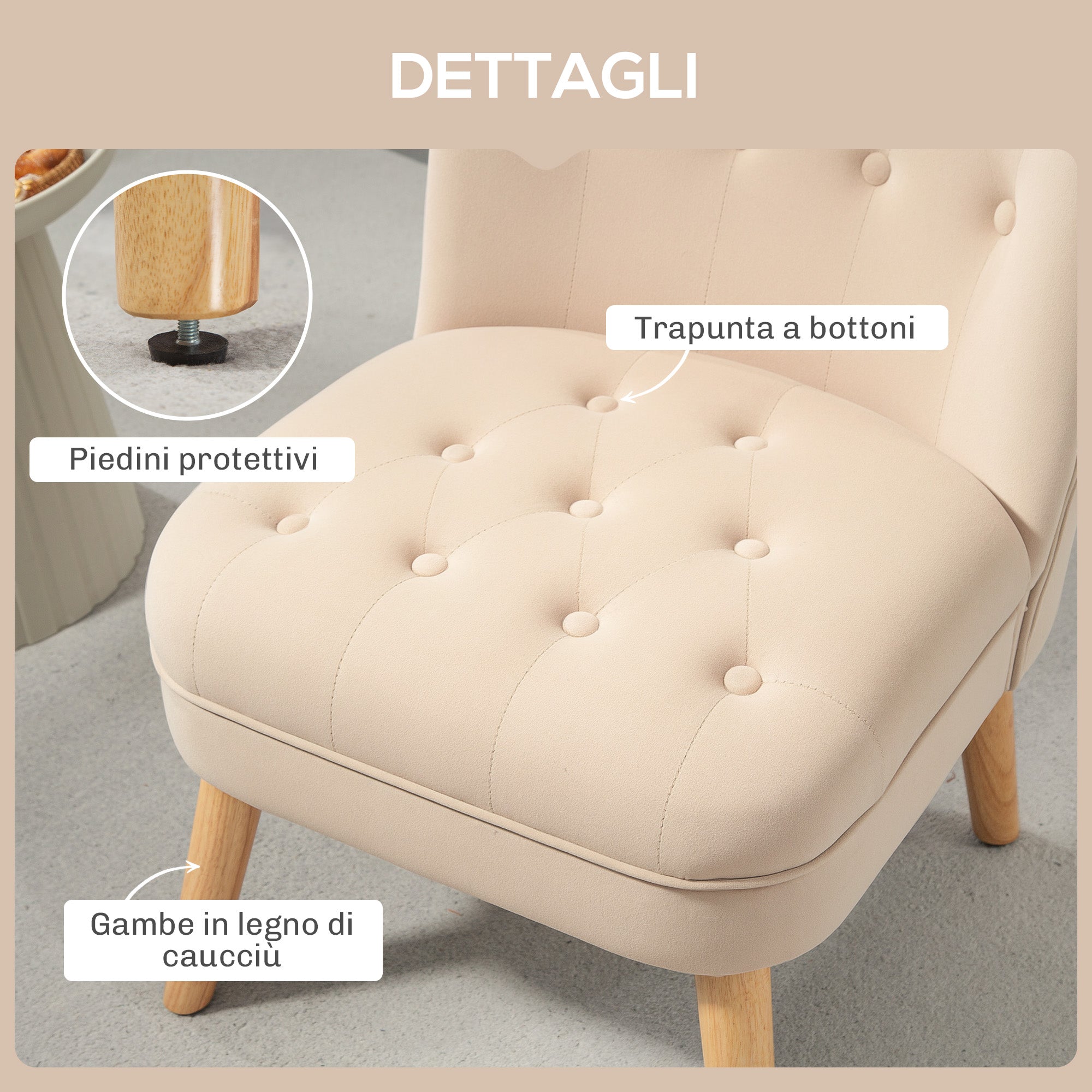 Living Room and Dining Room Armchair with Upholstered Seat, Bedroom Armchair with Wooden Legs and Velvet Effect Fabric, 60x66x79 cm, Beige