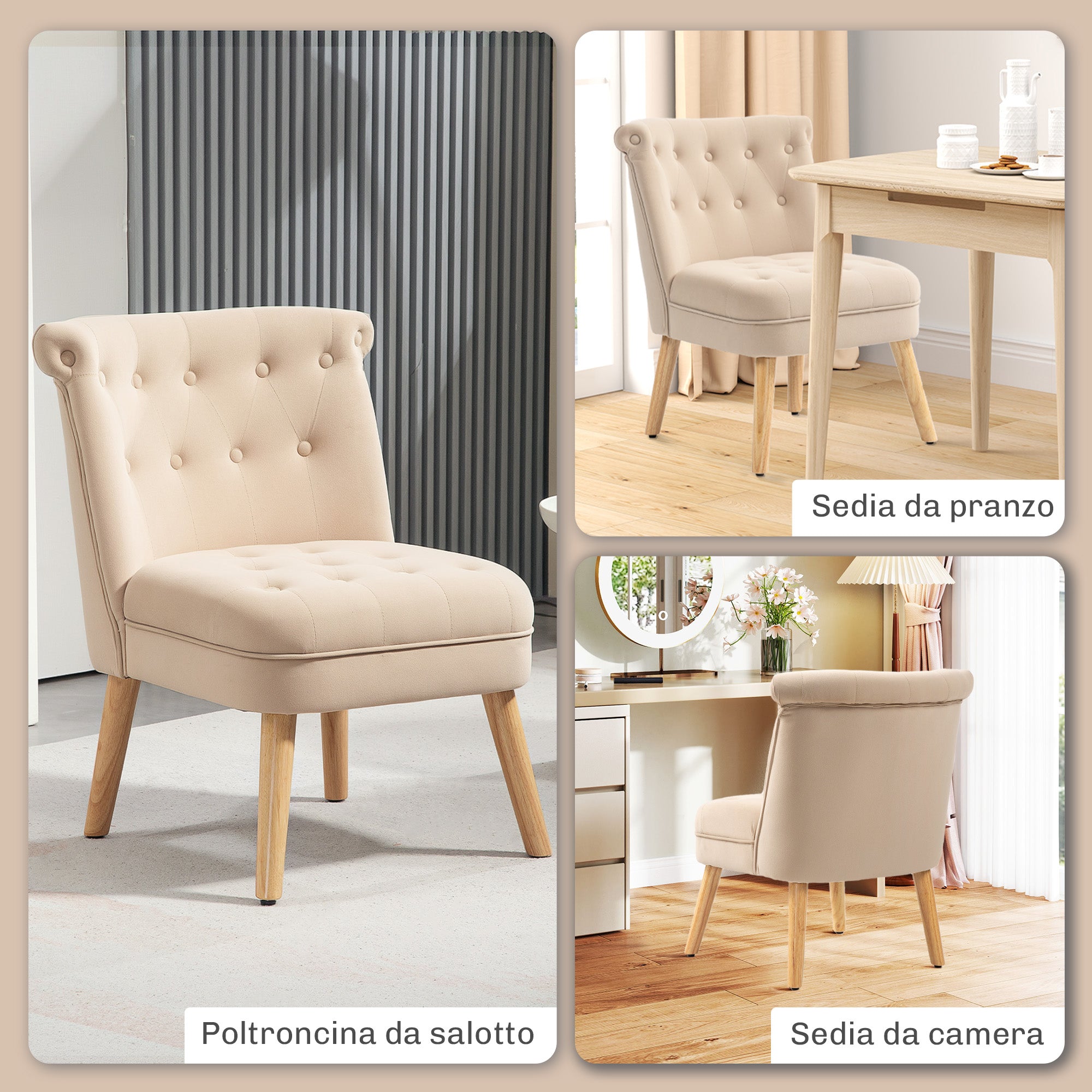 Living Room and Dining Room Armchair with Upholstered Seat, Bedroom Armchair with Wooden Legs and Velvet Effect Fabric, 60x66x79 cm, Beige