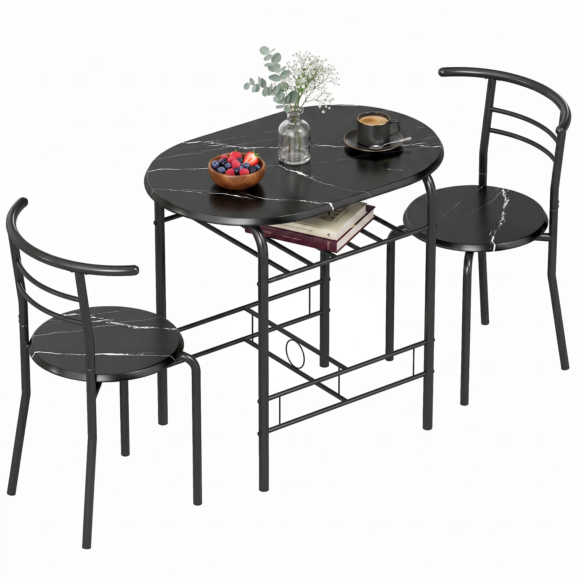 3-Piece Dining Set — 31.5" Kitchen Table with Two Chairs and Shelf, Ideal for Small Spaces, Apartment, Living/Dining Room, Black Marble Finish