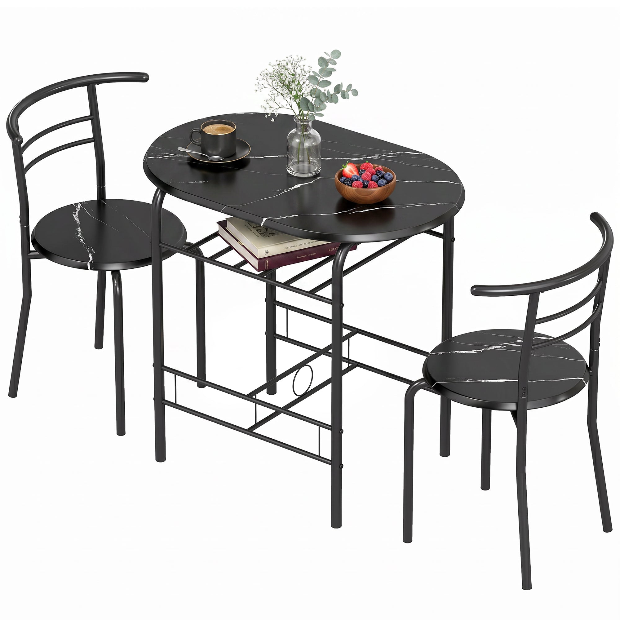 3-Piece Dining Set — 31.5" Kitchen Table with Two Chairs and Shelf, Ideal for Small Spaces, Apartment, Living/Dining Room, Black Marble Finish