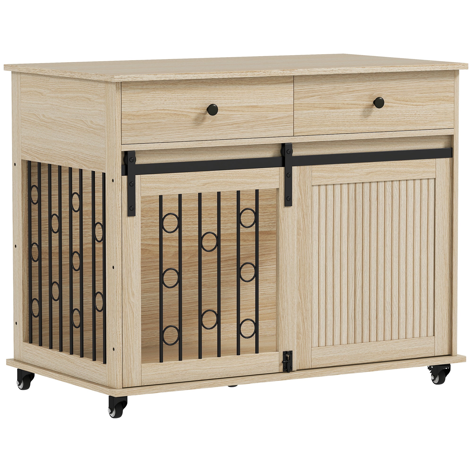 Home Dog Crate 39.4 in with Wheels, Drawer, Sliding Front Door & Lockable Side Door — Oak