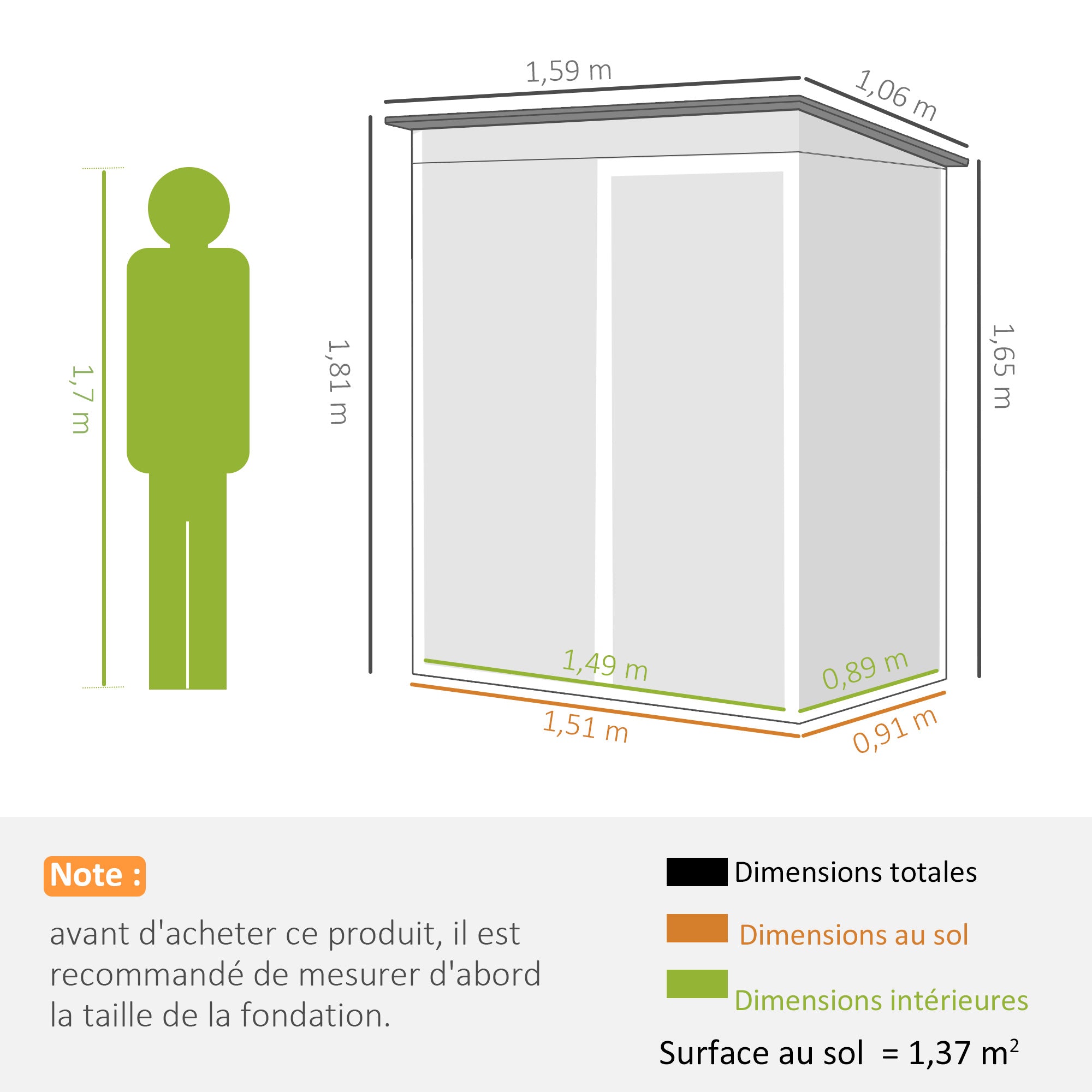 Metal Garden Shed 14.8 sq ft (1.37 m²) — 159 x 106 x 181 cm (62.6 x 41.7 x 71.3 in), Sliding Door, Vents, Sloped Roof, 2 Pairs of Gloves Included, Easy Assembly — Dark Gray