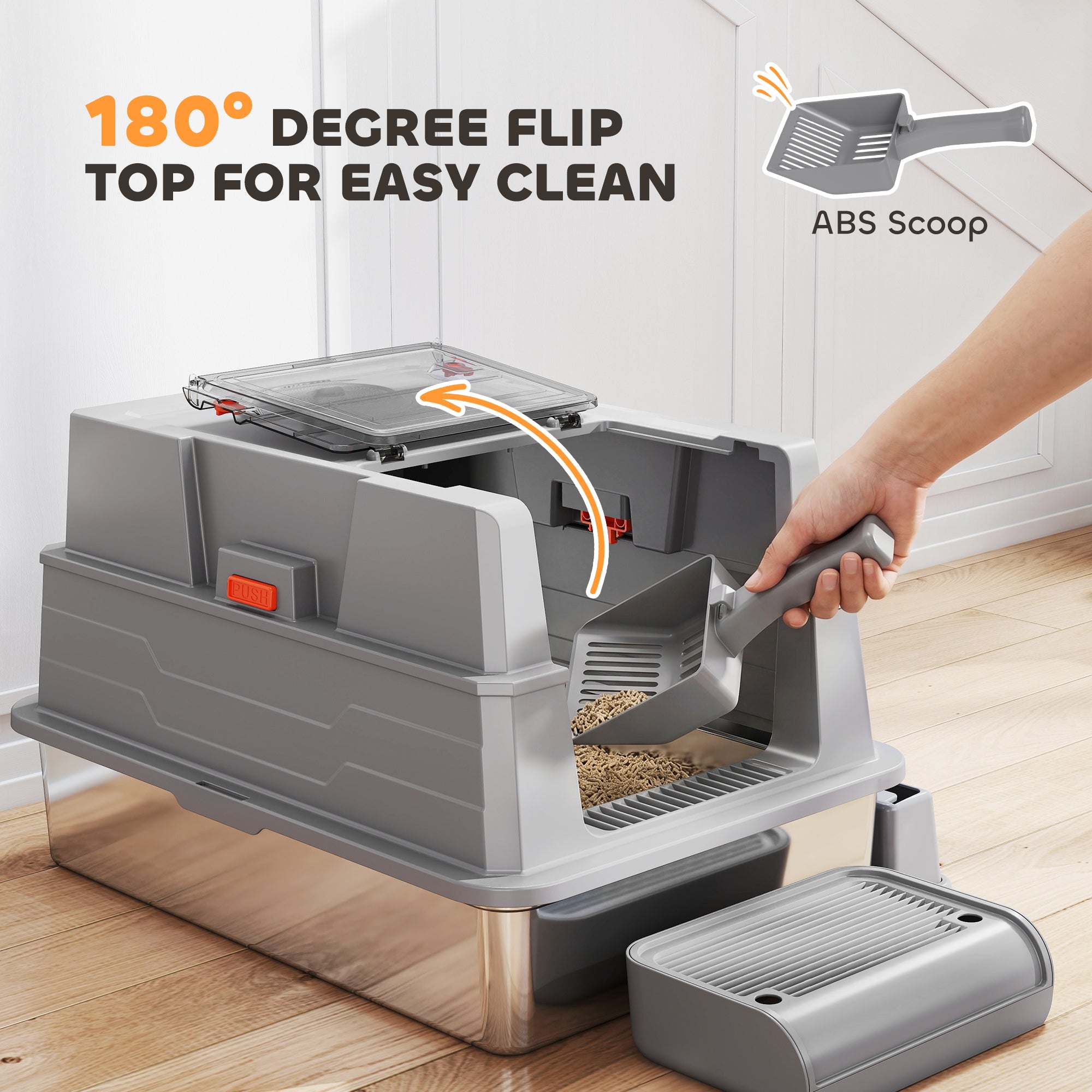 XXL Stainless Steel Cat Litter Box, 130 L (≈34.3 US gal) — 180° Flip Lid, High Sides, Scoop & Step — For Up to 3 Cats (≤22 lb / 10 kg each) — 27.6 x 19.7 x 16.9 in, Gray