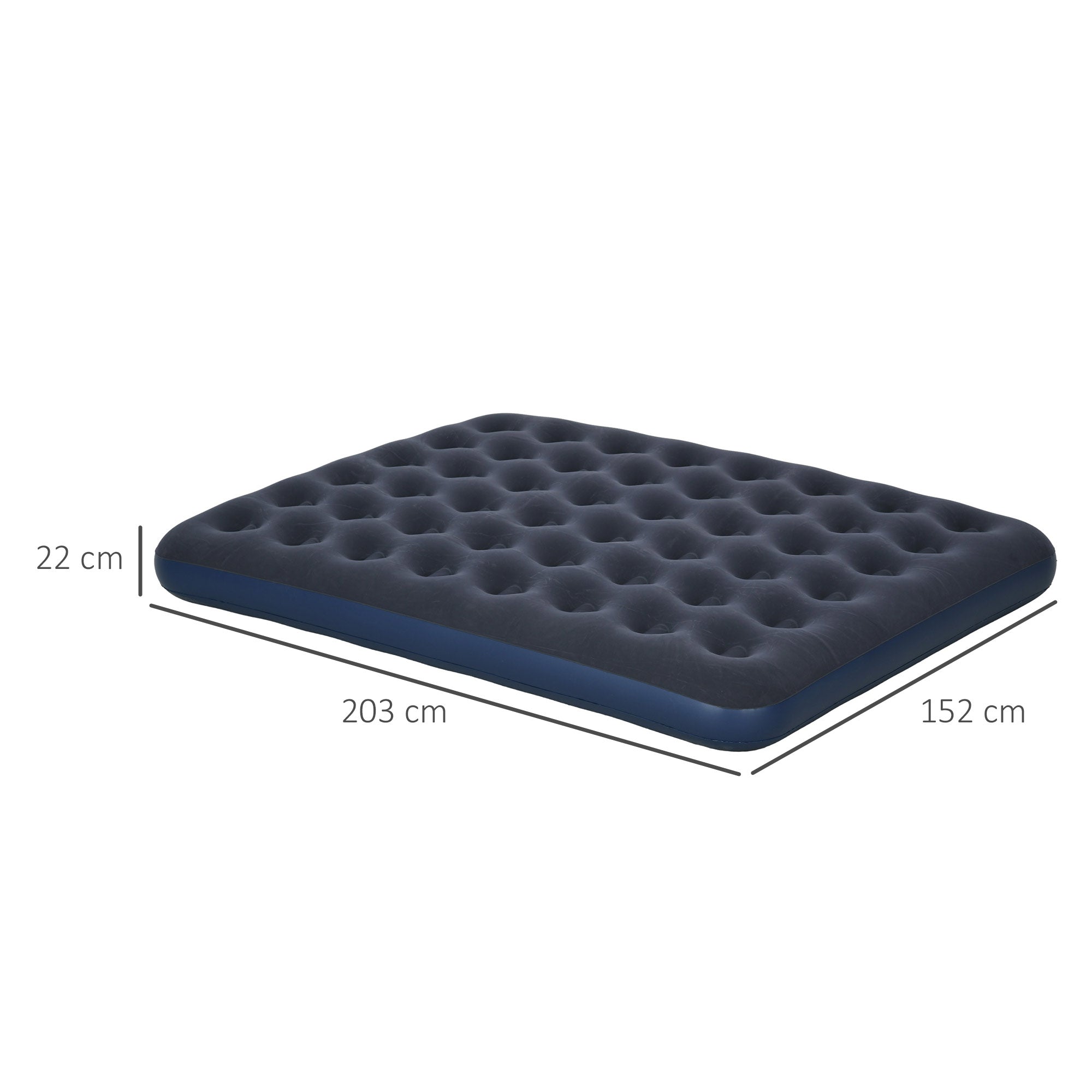 Inflatable mattress for 2 people with integrated hand pump, flocked surface, for camping, travel - 203L x 152W x 22H cm, blue