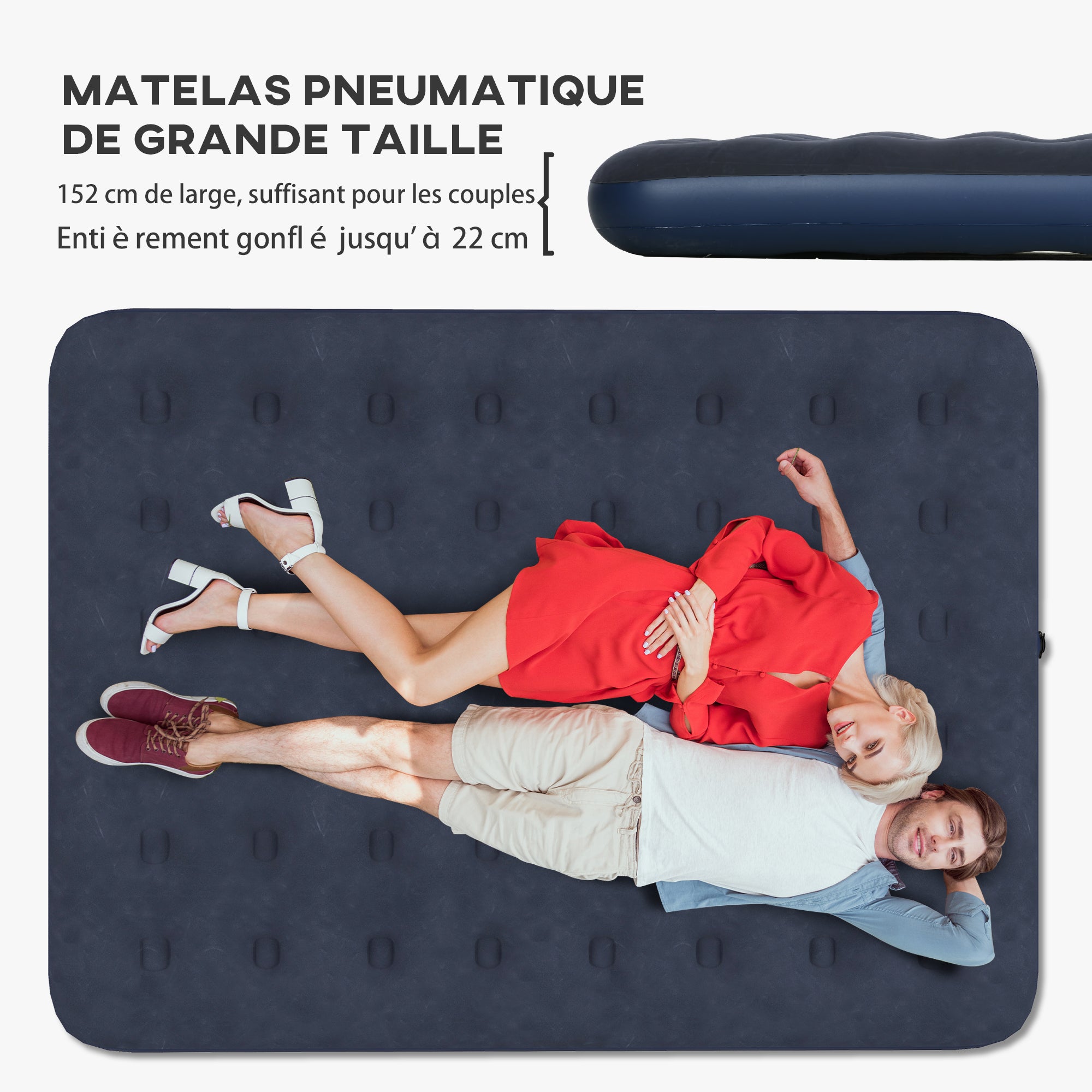 Inflatable mattress for 2 people with integrated hand pump, flocked surface, for camping, travel - 203L x 152W x 22H cm, blue