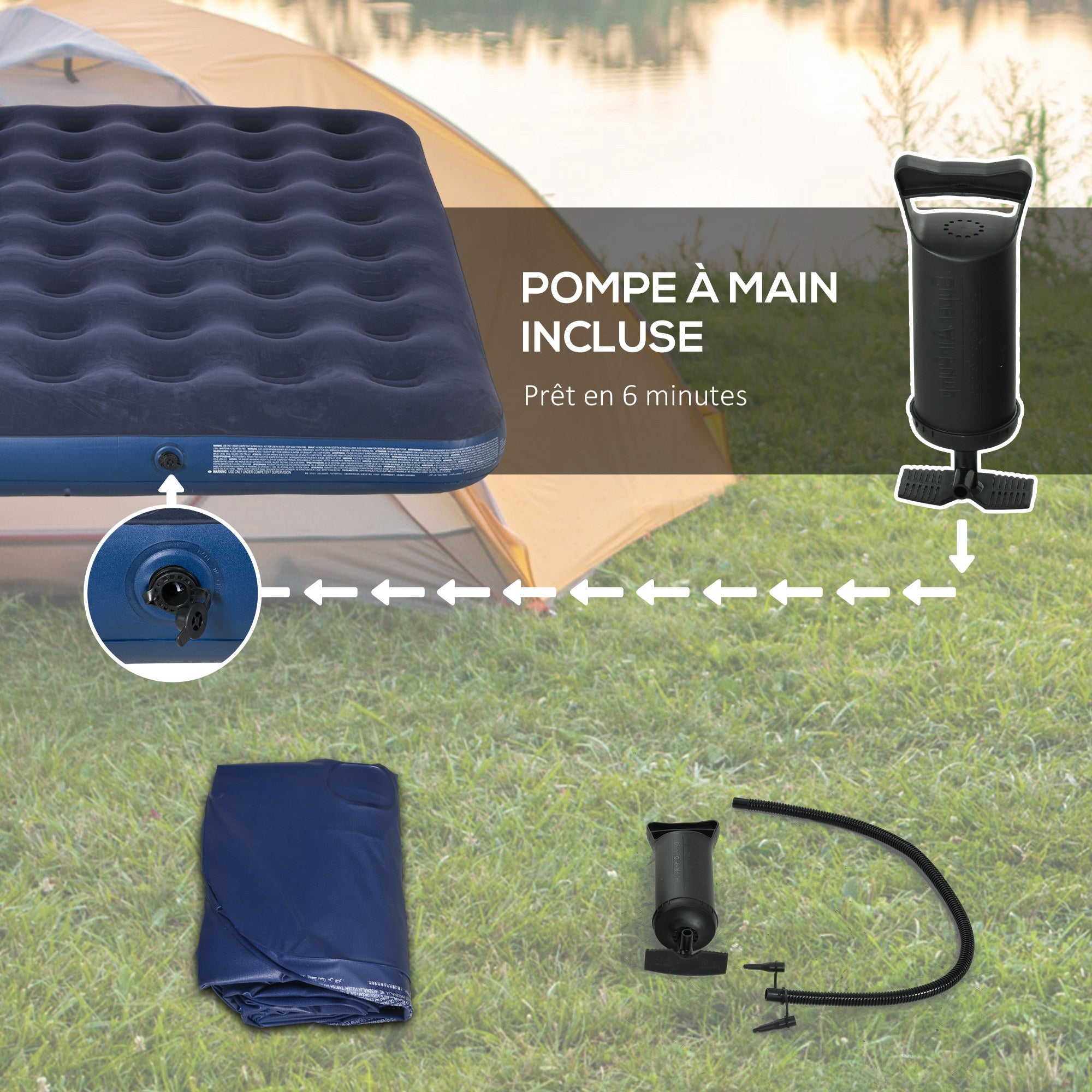 Inflatable mattress for 2 people with integrated hand pump, flocked surface, for camping, travel - 203L x 152W x 22H cm, blue