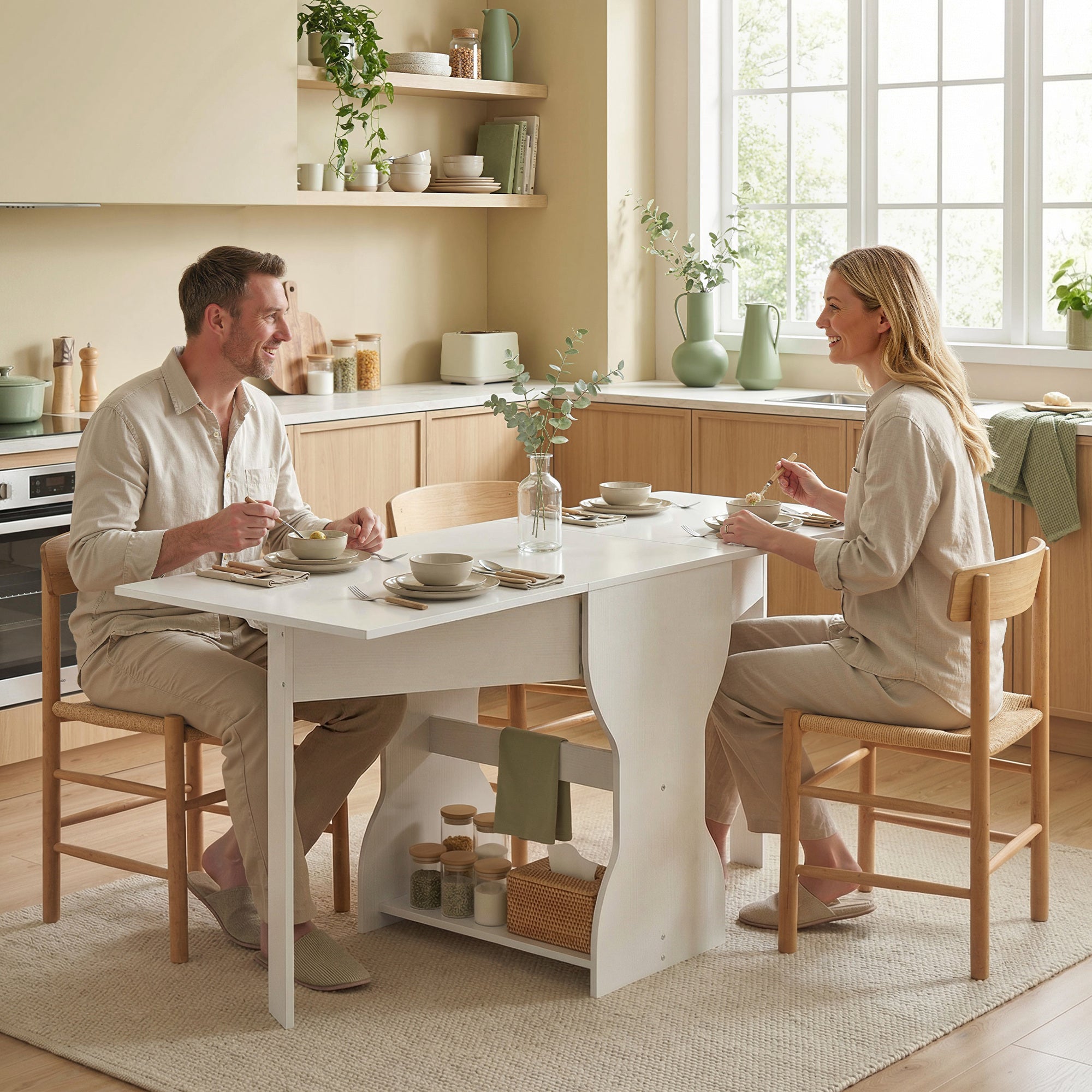 Folding Dining Table 63" — Space-Saving Console with Storage Shelf for Small Spaces, Modern Table for 4, White