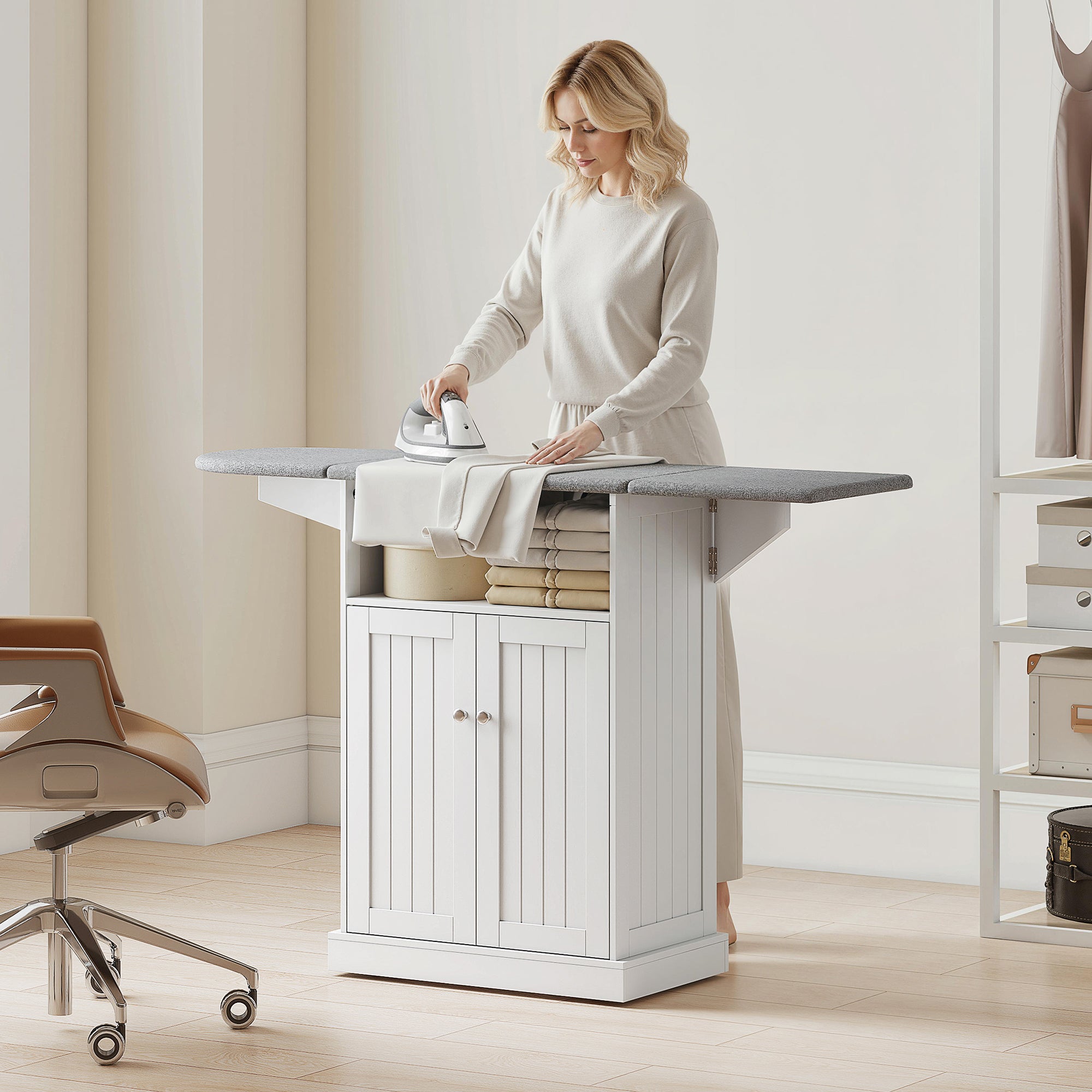 Rolling Ironing Cabinet with Foldable Ironing Board, Open Compartment & Adjustable Shelf — White, 131 x 37 x 89.5 cm