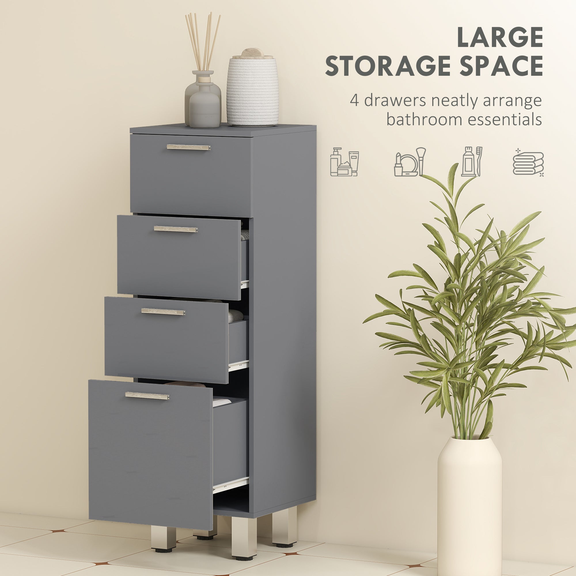 Narrow Bathroom Cabinet with 3 Drawers — Adjustable Shelf, Slim Toilet & Bathroom Storage for Small Spaces, 30 x 30 x 93 cm (11.8 x 11.8 x 36.6 in), Gray