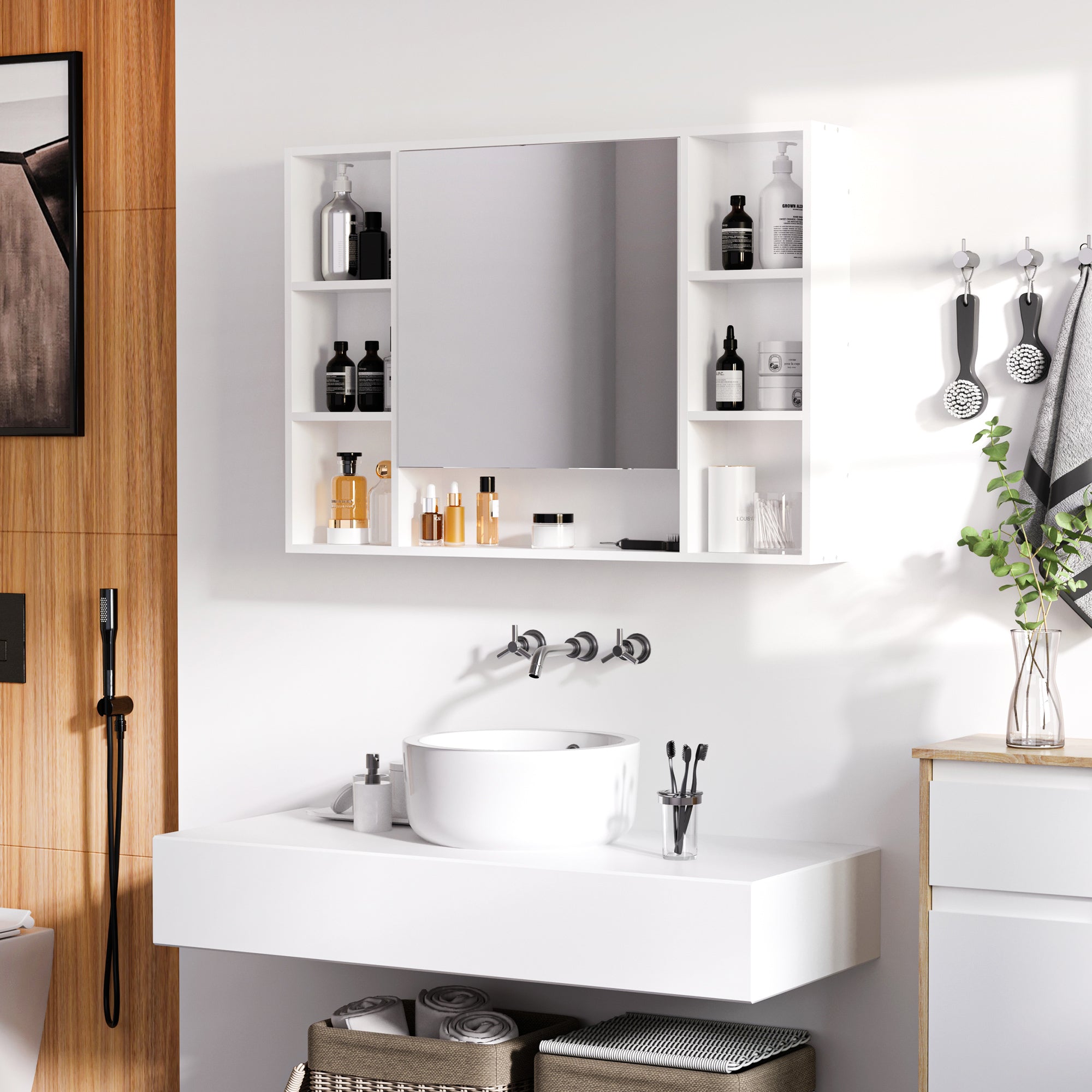 Bathroom Mirror with Open Shelves and Mirrored Cabinet Door, Space-Saving White Bathroom Cabinet, 100x15x70cm