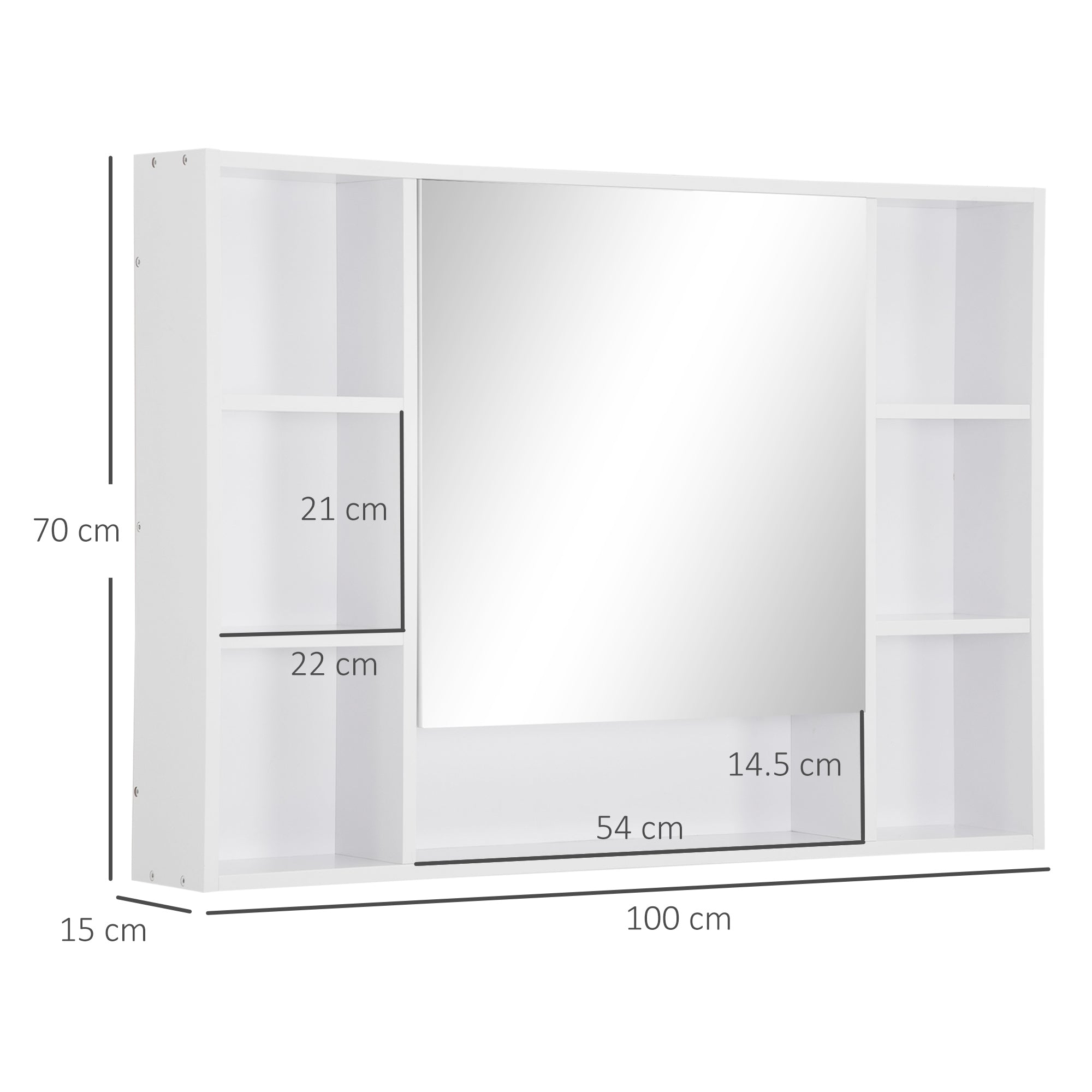 Bathroom Mirror with Open Shelves and Mirrored Cabinet Door, Space-Saving White Bathroom Cabinet, 100x15x70cm