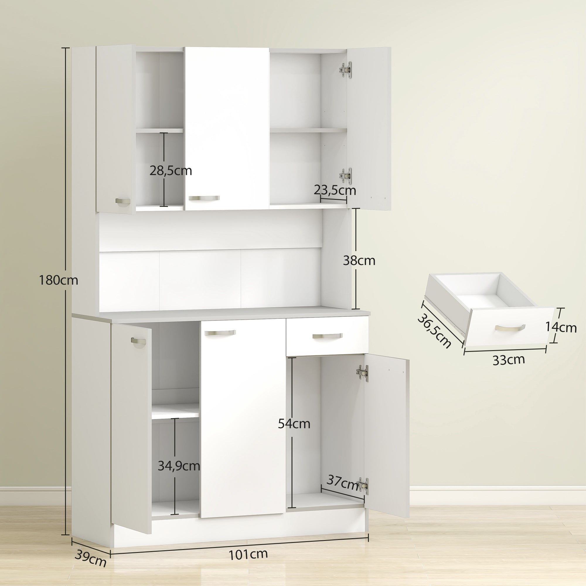 Kitchen Pantry Cabinet Kitchen Cabinet Sideboard with 1 Drawer 6 Doors and Adjustable Shelves Modern Style 101x39x180 cm White