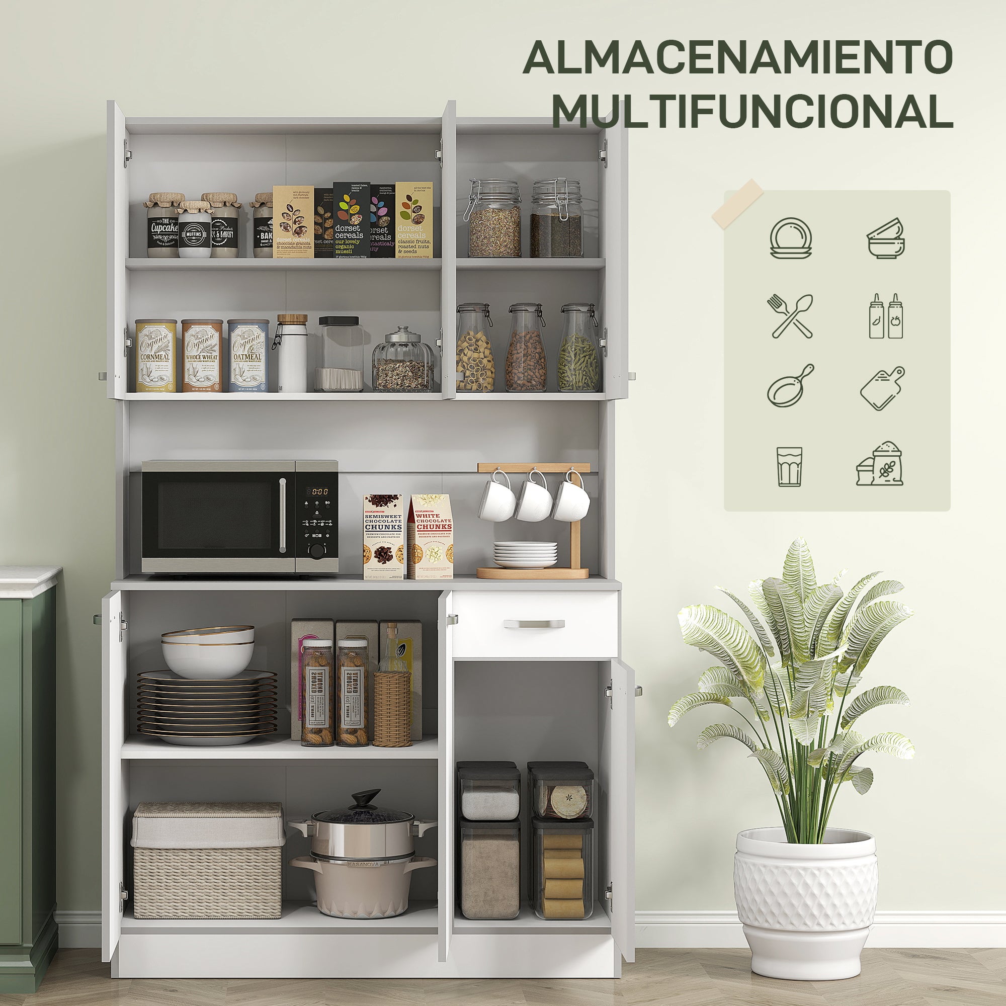 Kitchen Pantry Cabinet Kitchen Cabinet Sideboard with 1 Drawer 6 Doors and Adjustable Shelves Modern Style 101x39x180 cm White