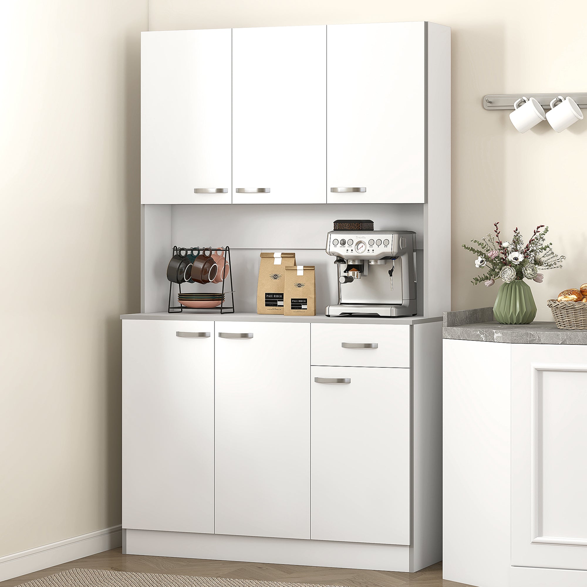Kitchen Pantry Cabinet Kitchen Cabinet Sideboard with 1 Drawer 6 Doors and Adjustable Shelves Modern Style 101x39x180 cm White